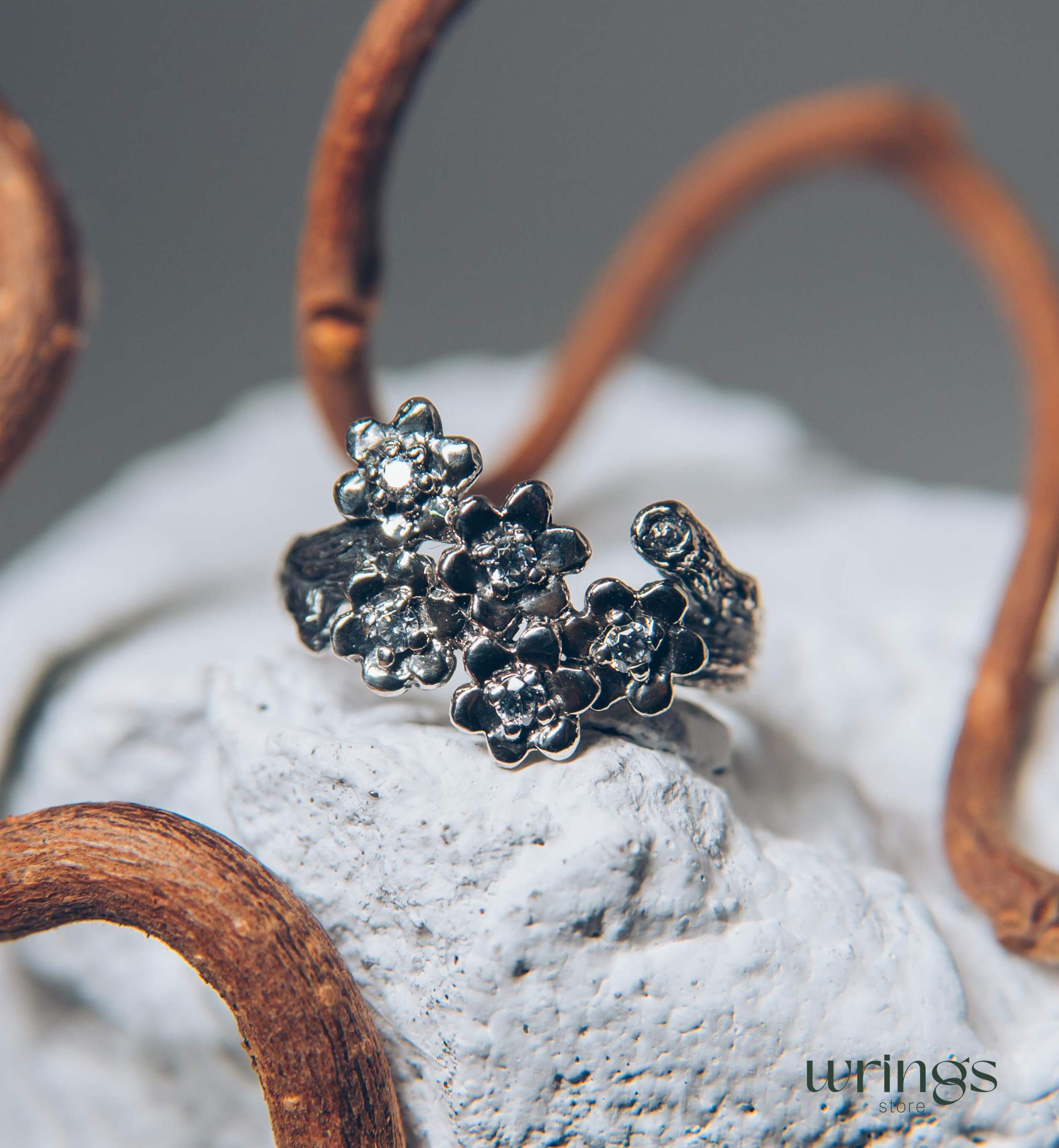 Flowers on a Twig Unique Silver Floral Ring