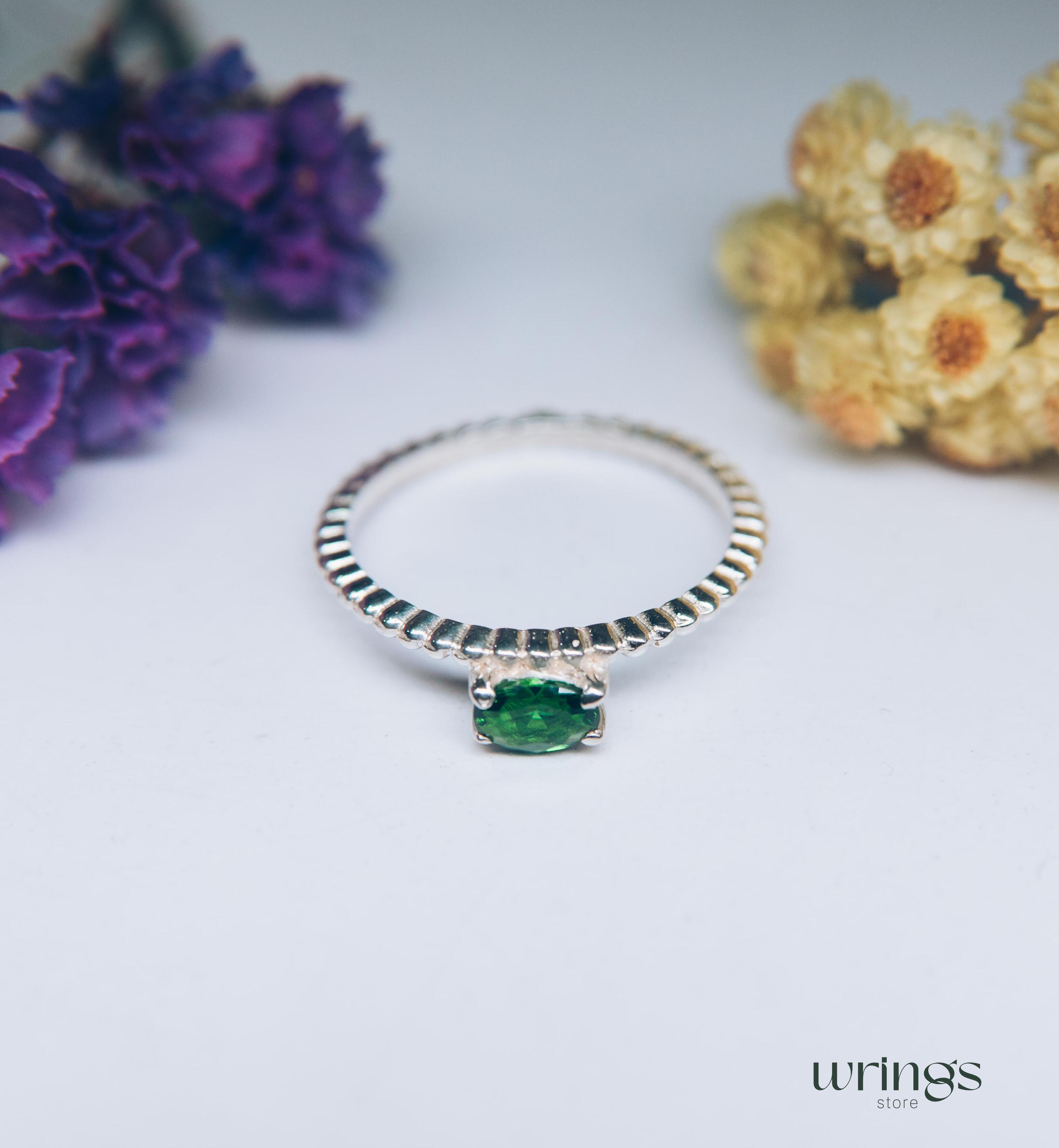 Thin Silver Beaded Engagement Ring with Green Tourmaline