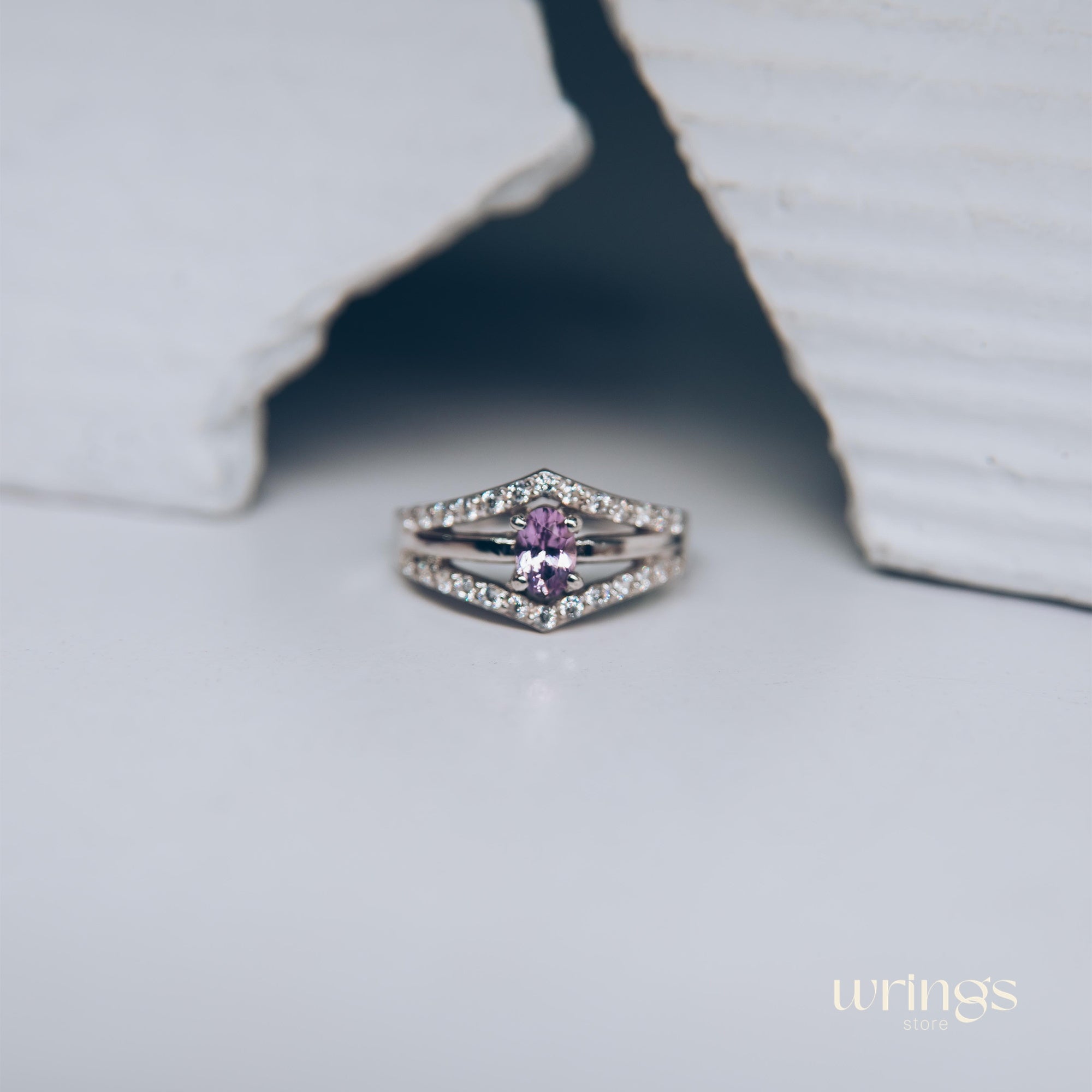 Vertical Oval Amethyst & CZ Double V Engagement Ring