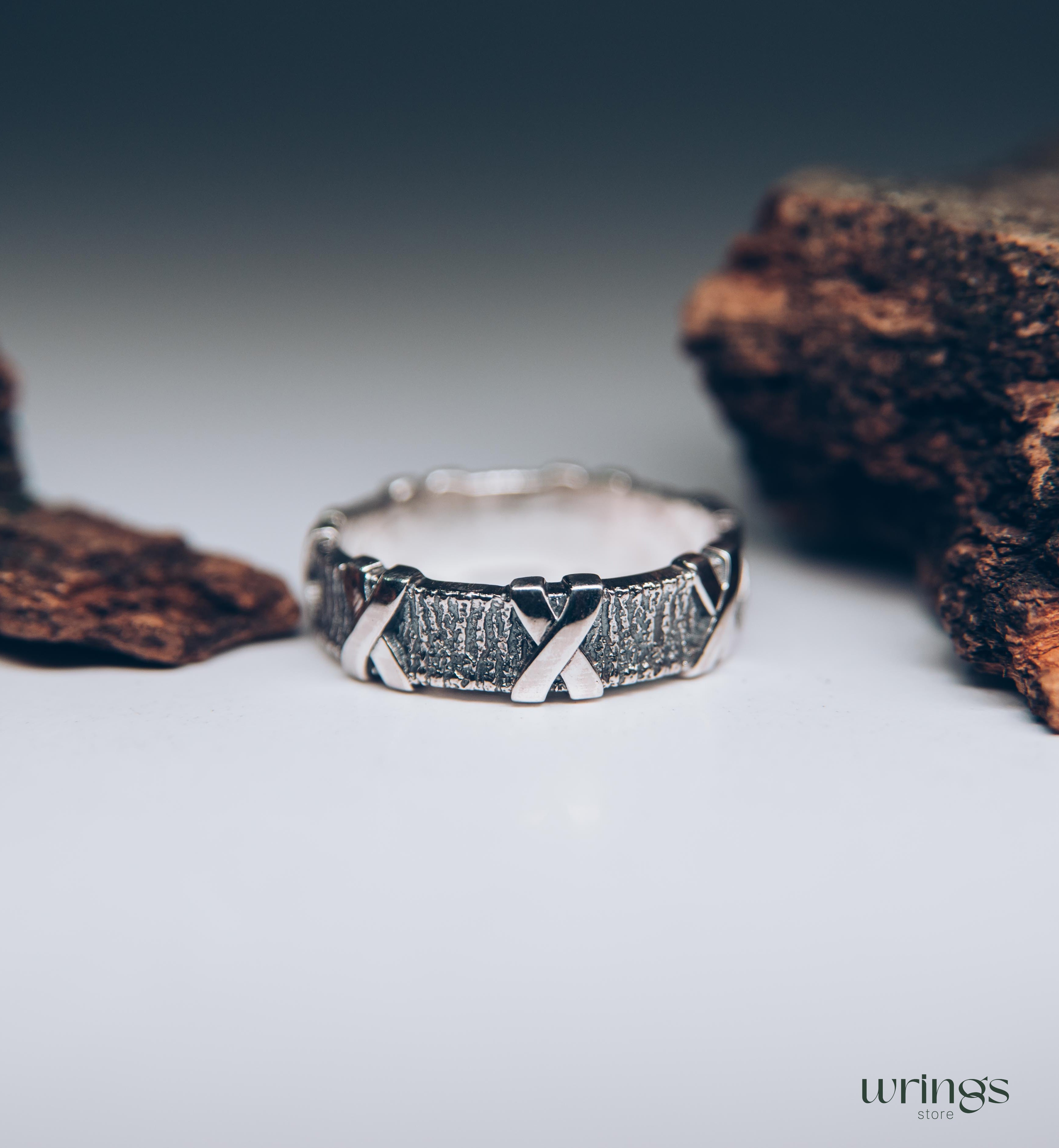 Cross and Tree bark Men's durable Ring — Wild Nature Wedding Band