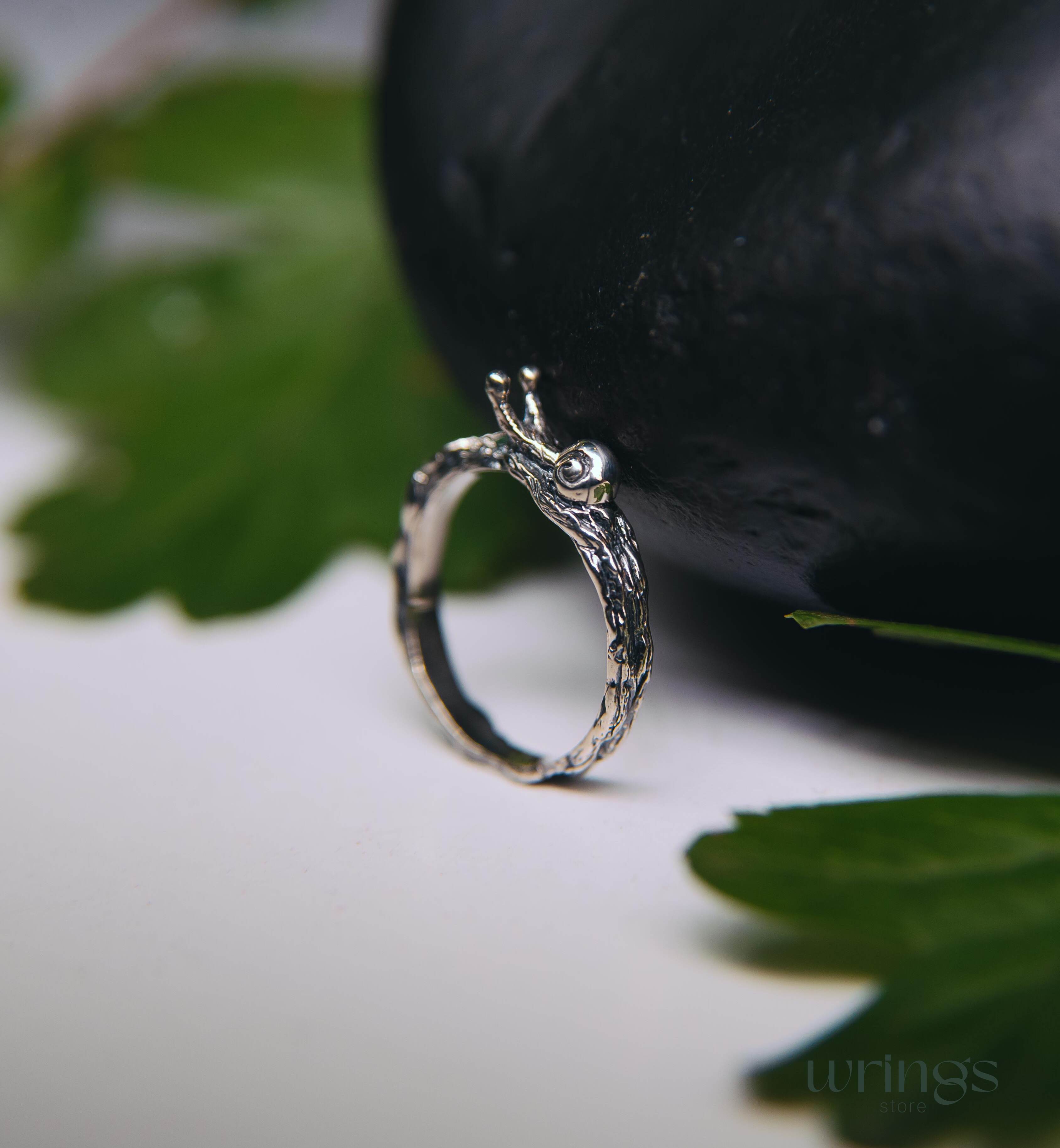 Snail on a Tiny Silver Twig with Leaf Emerald Ring