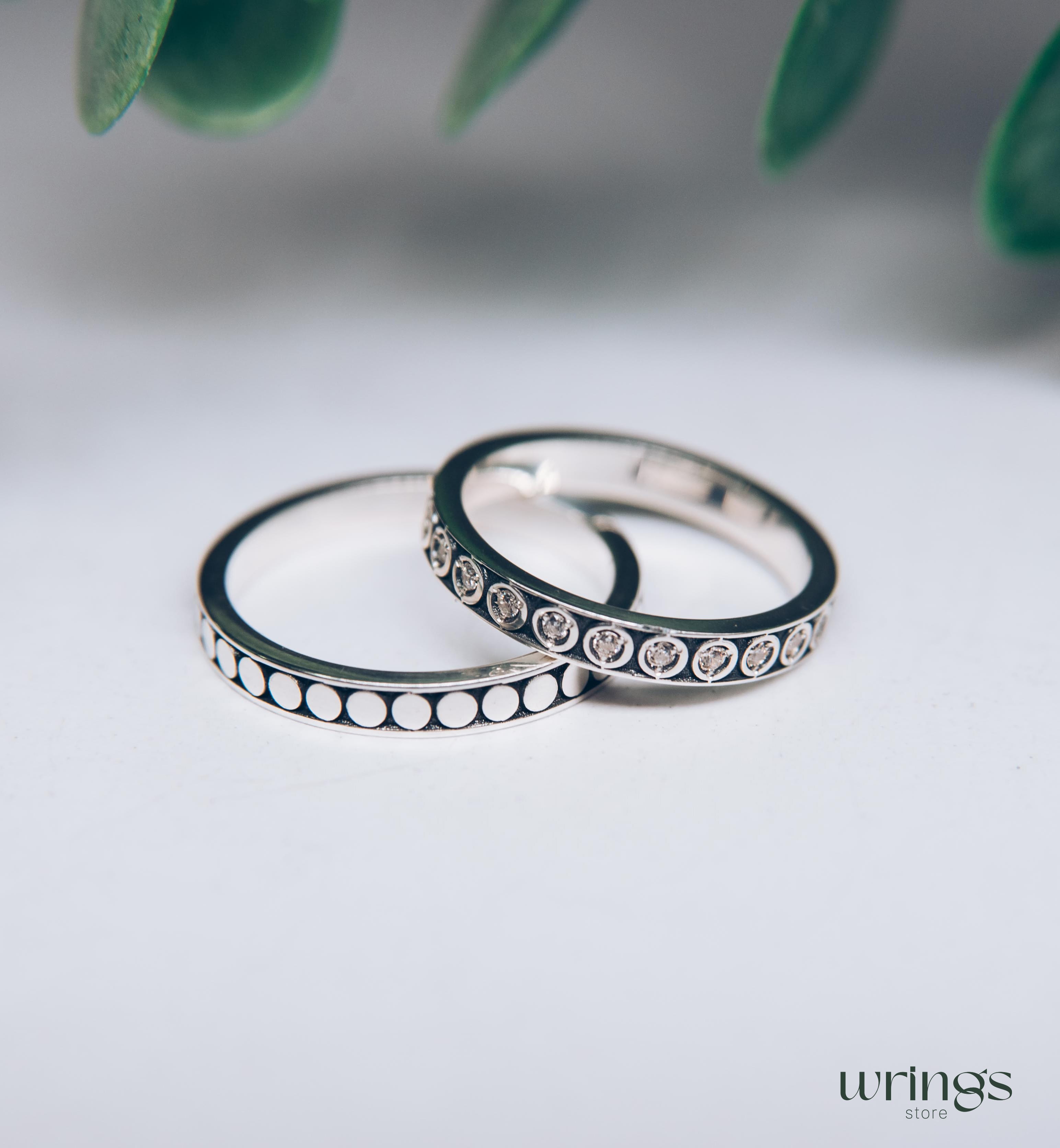 Minimalist Silver Wedding Bands Set Eternity Gemstones
