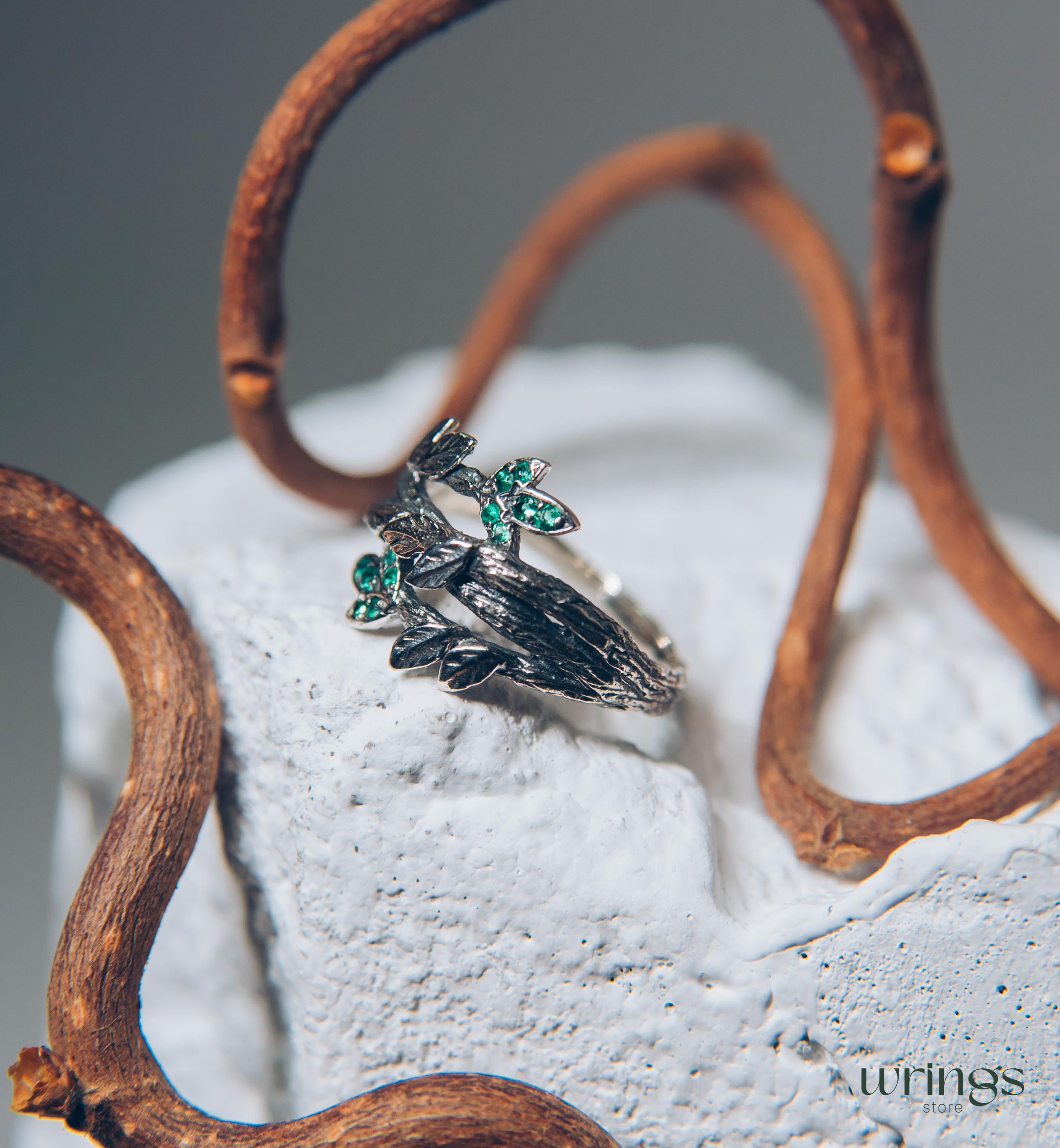 Leaves with Emeralds on the Braided Twigs Ring
