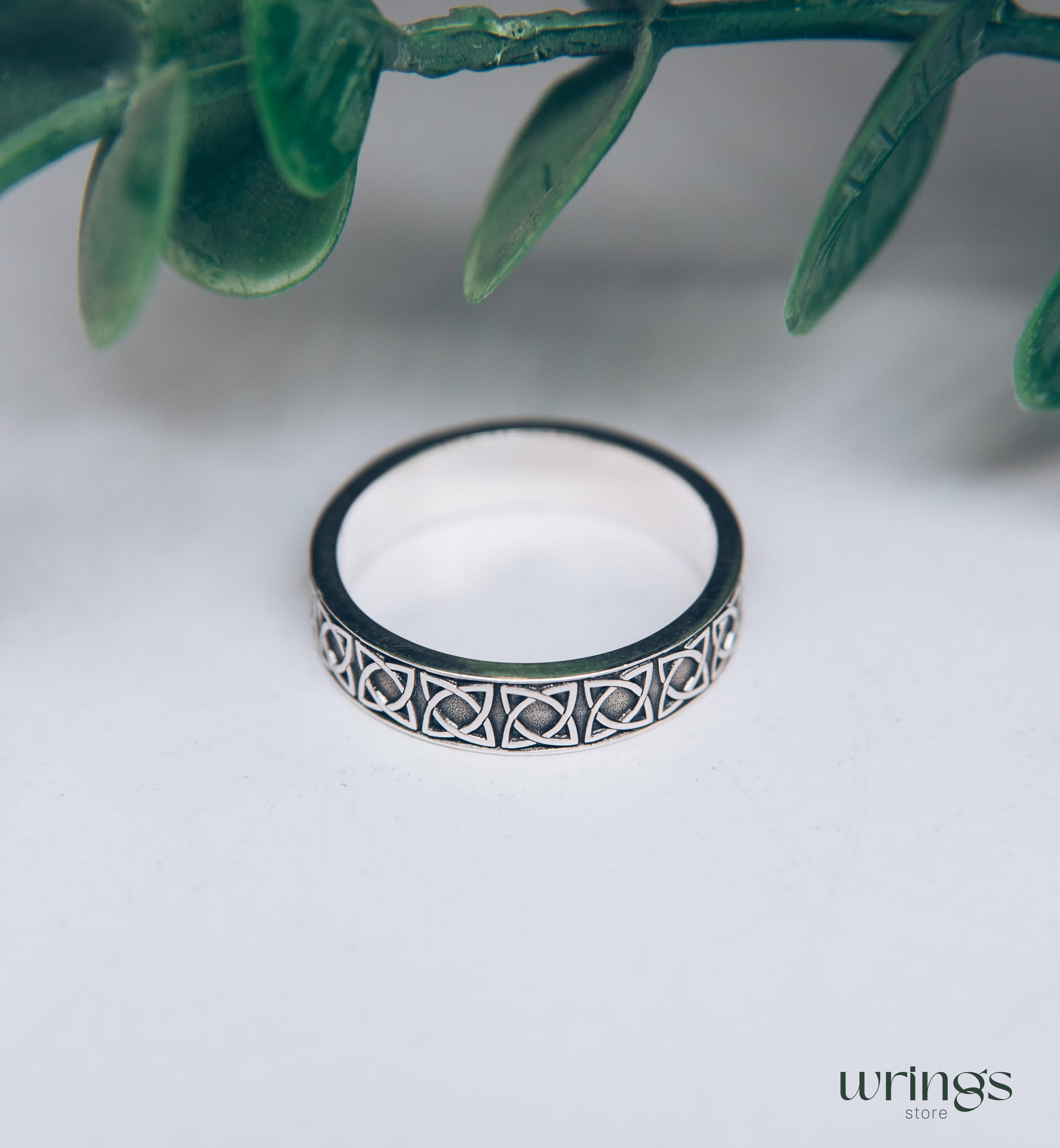 Mens Celtic Band Ring Silver Engraved Irish Symbol