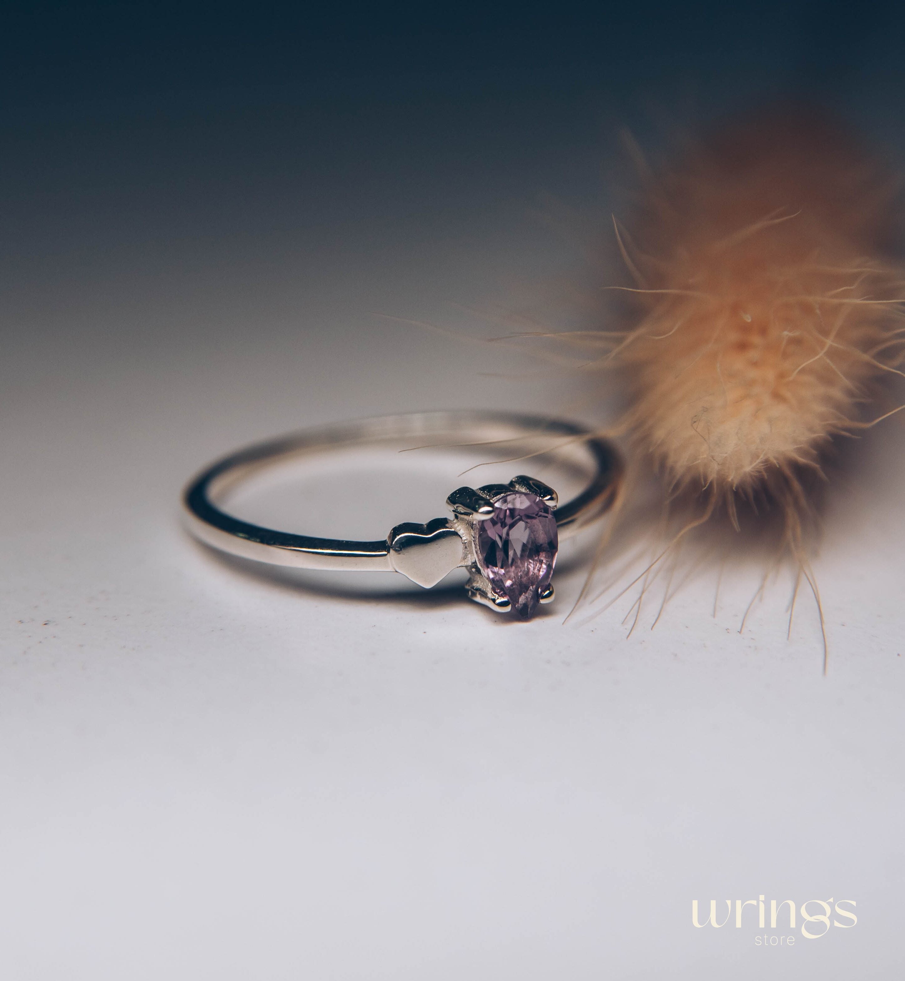 Pear Amethyst Silver Engagement Ring & Side Heart