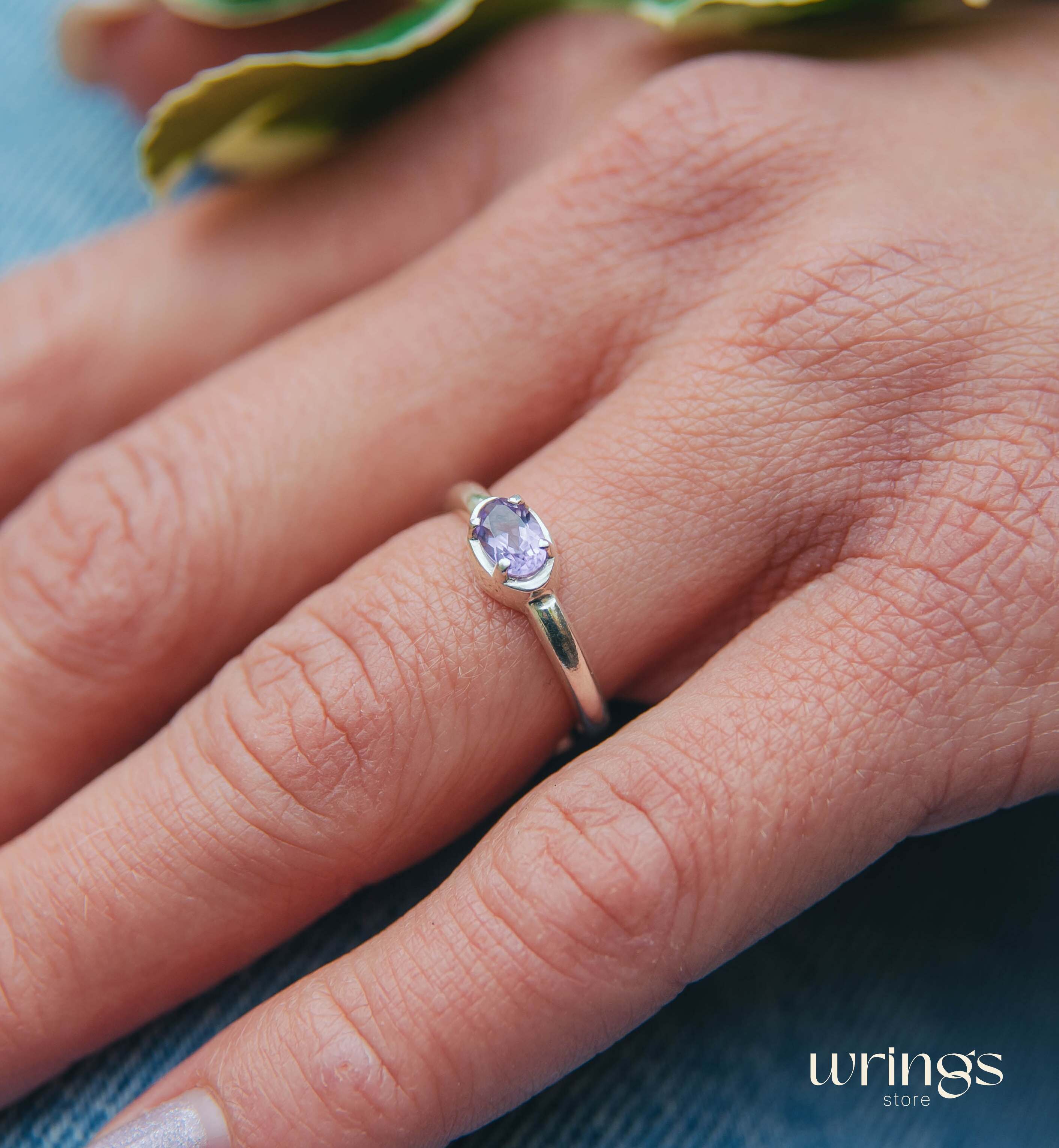 Oval Amethyst Simple Silver Engagement Ring