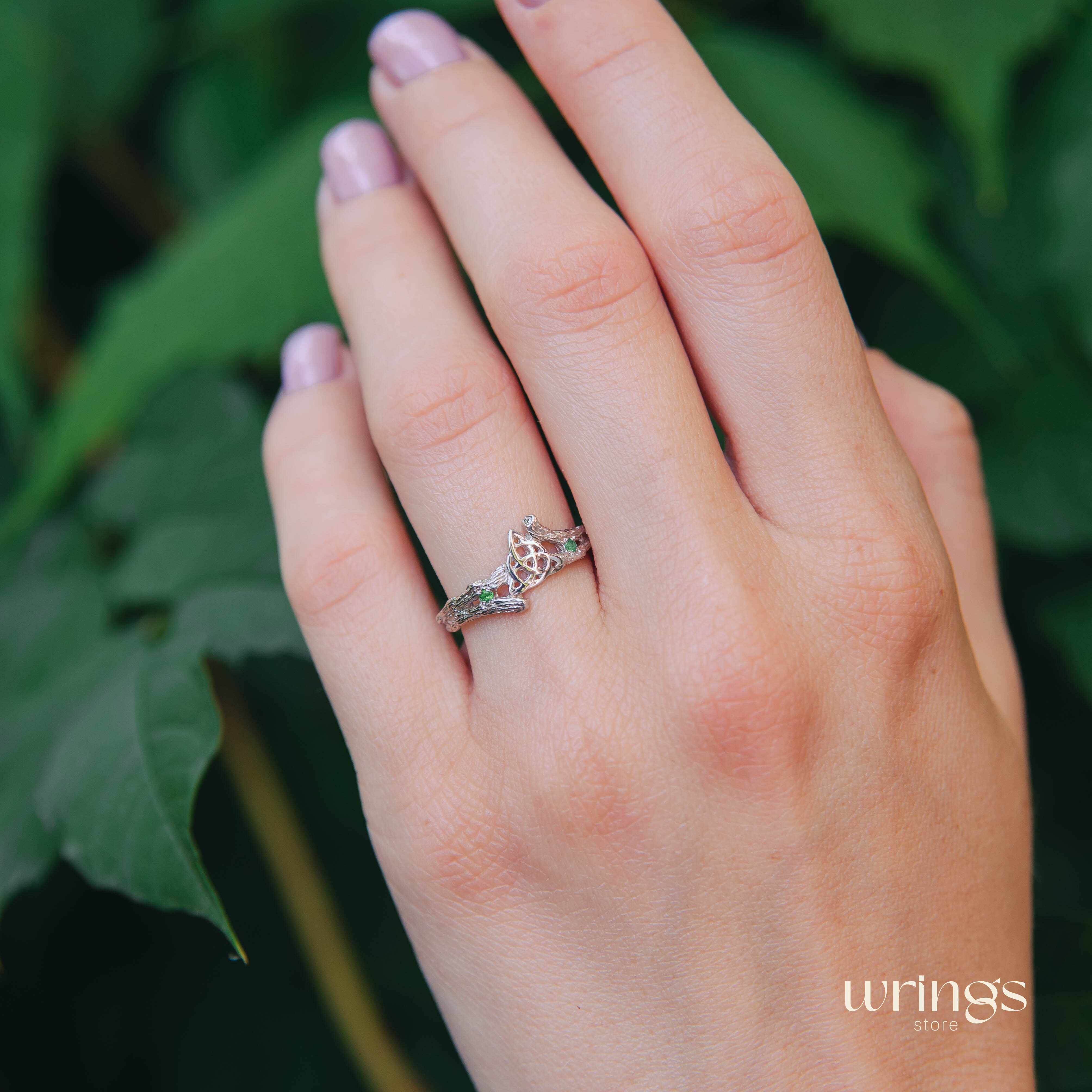 Triquetra & Silver Twig Celtic Engagement Ring with Emerald