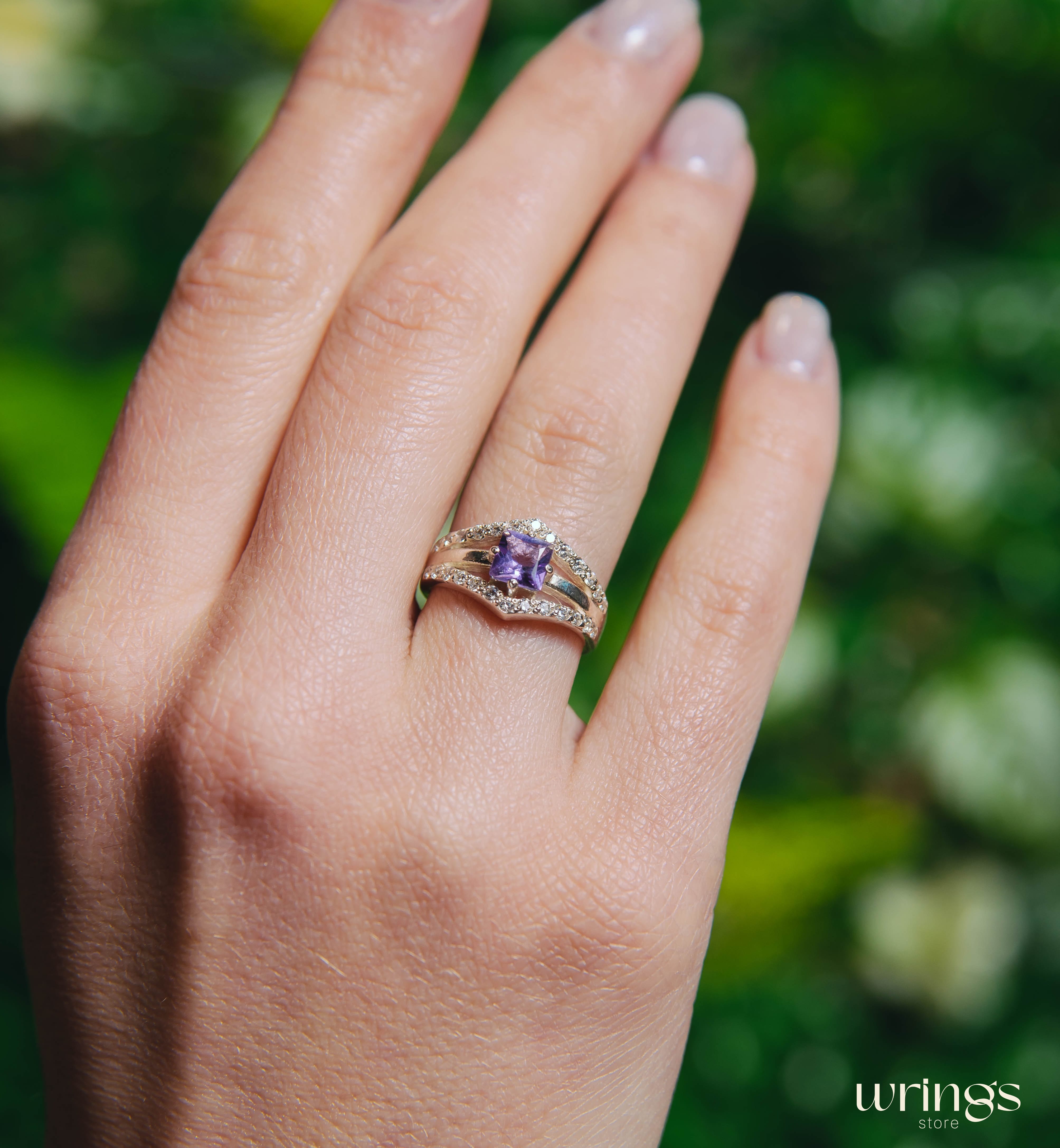Square Amethyst Statement Ring Silver Double V shaped