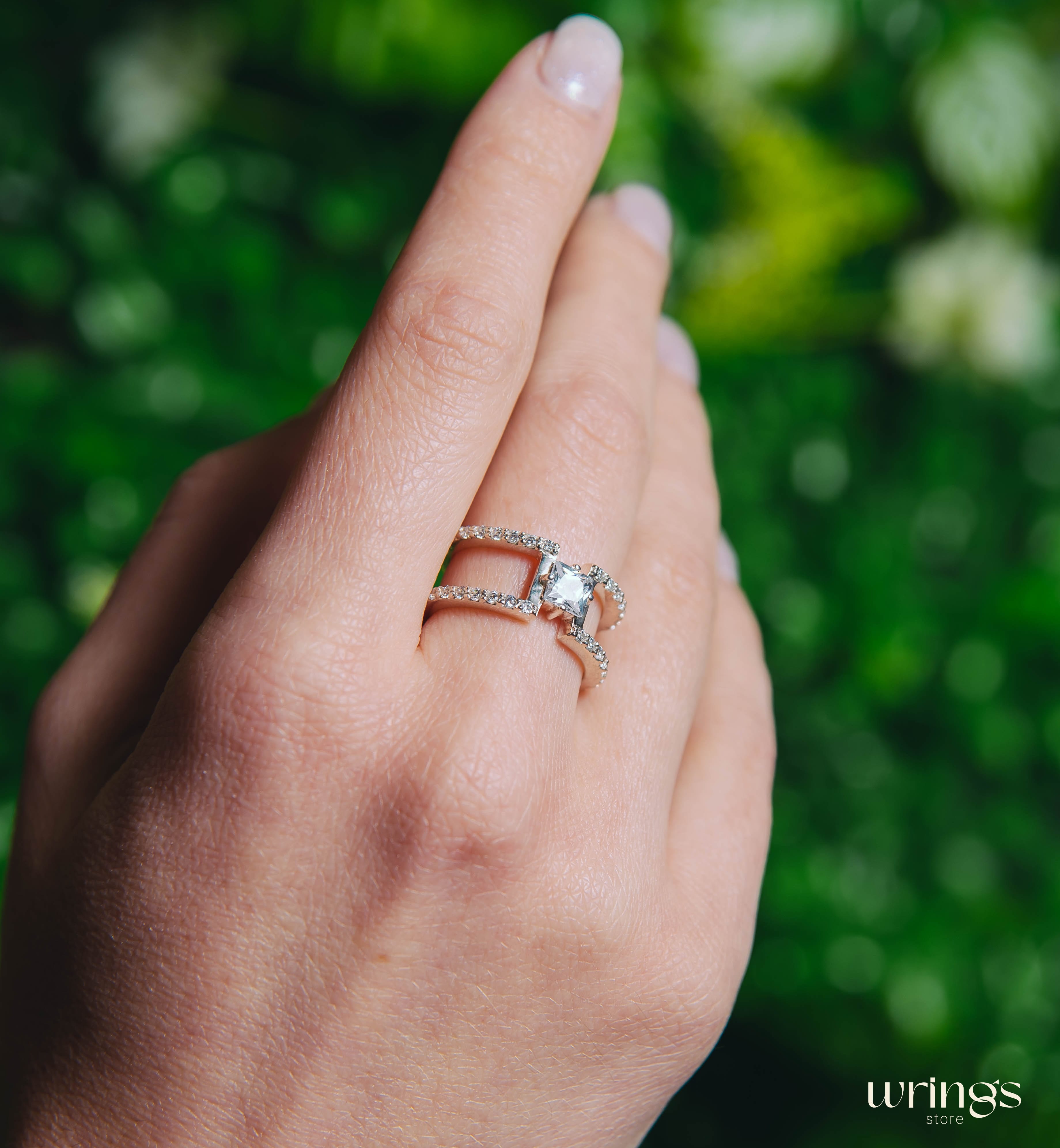 Double Band Silver Cocktail Ring Square Faux Diamond