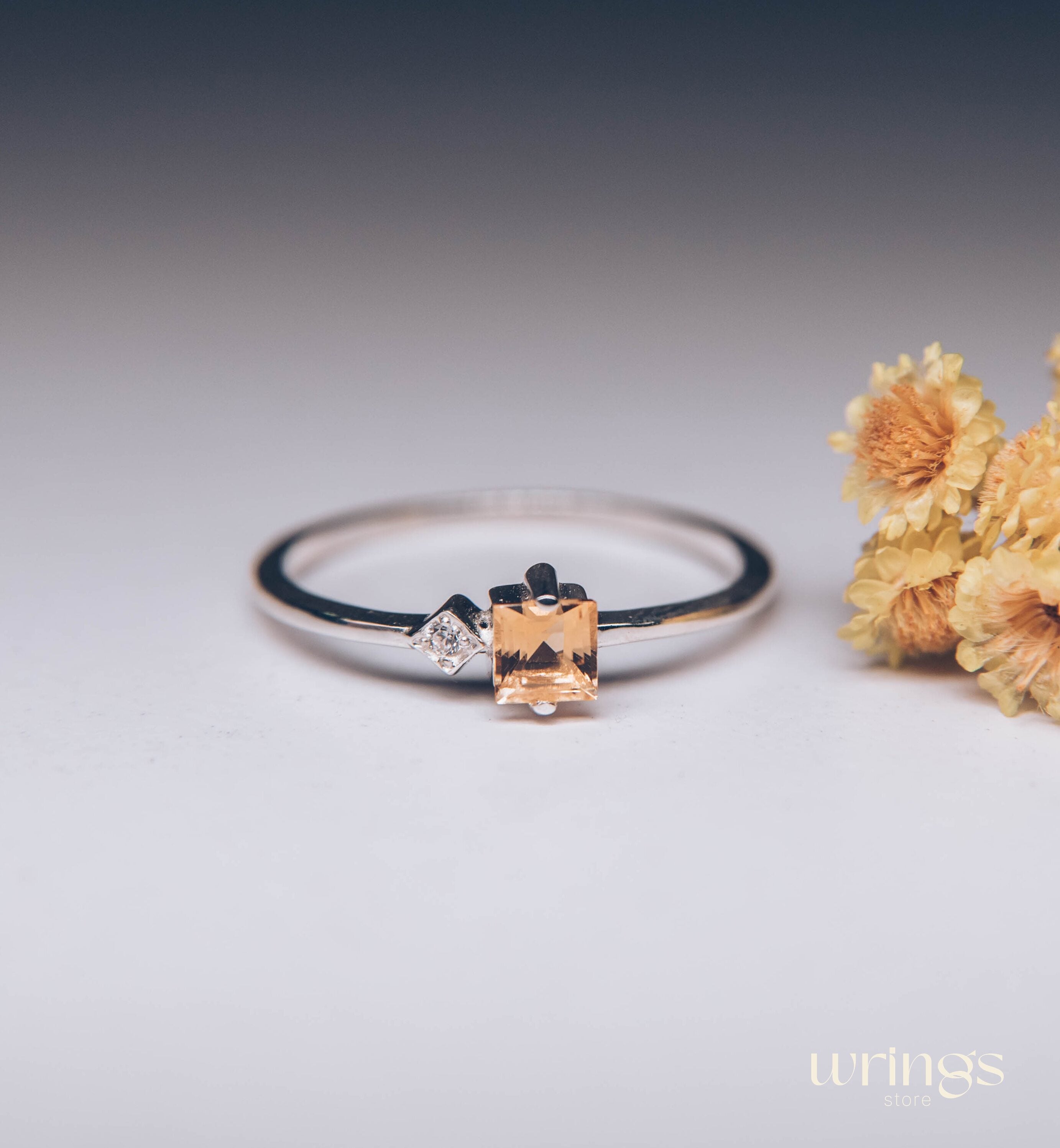 Square Citrine Silver Ring & Side White Stone