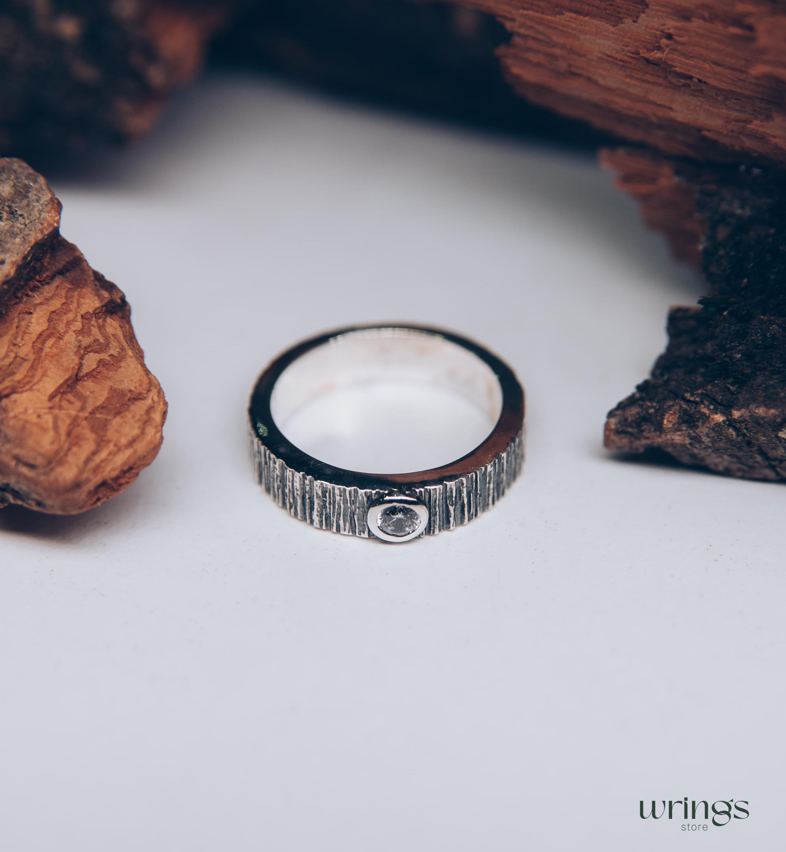Bezel Diamond and Tree Bark Textured Silver Wedding Ring