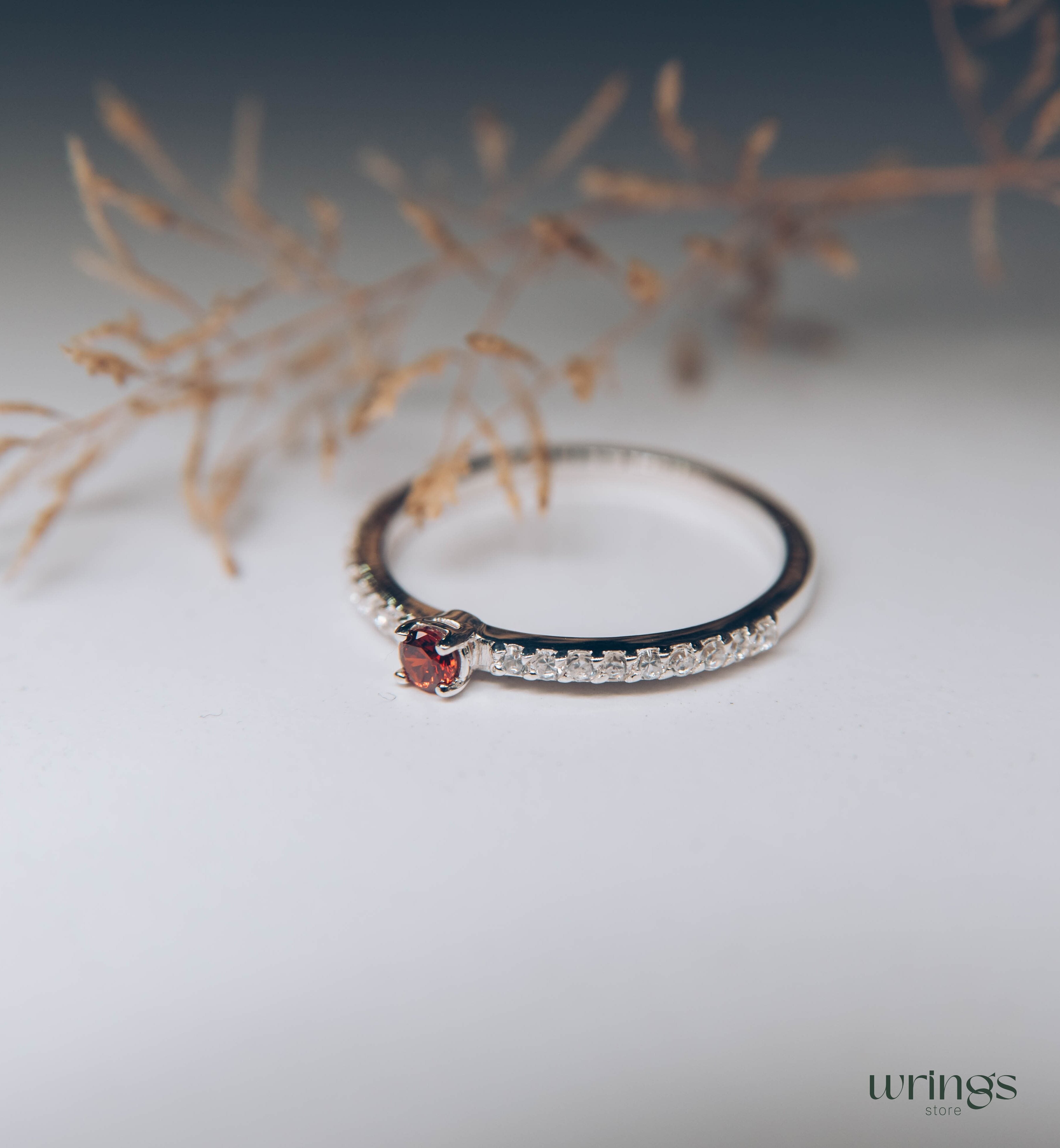 Dainty Garnet & Side Stones Silver Engagement Ring