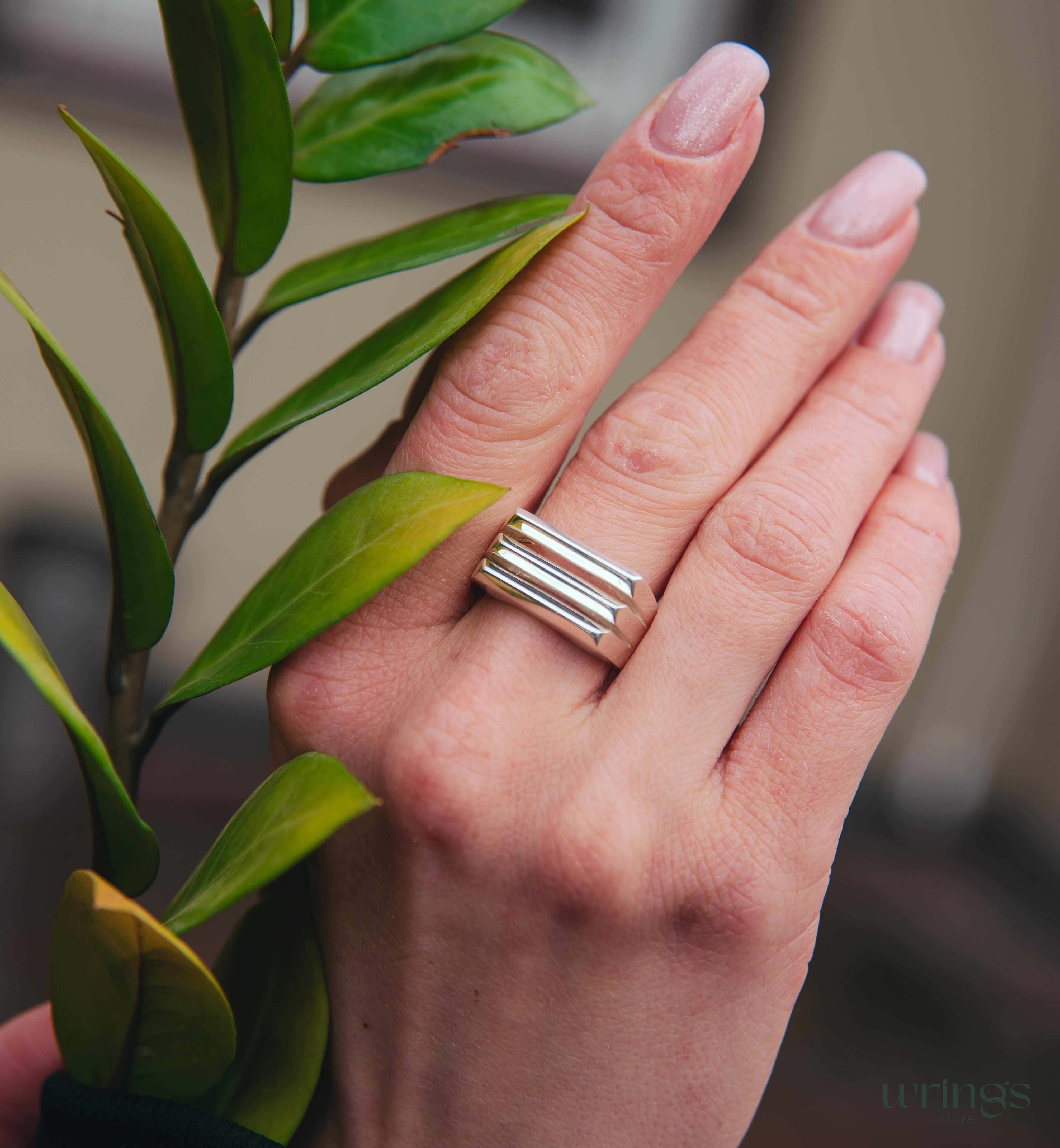 Grooved Lines Big Sterling Silver Statement Ring