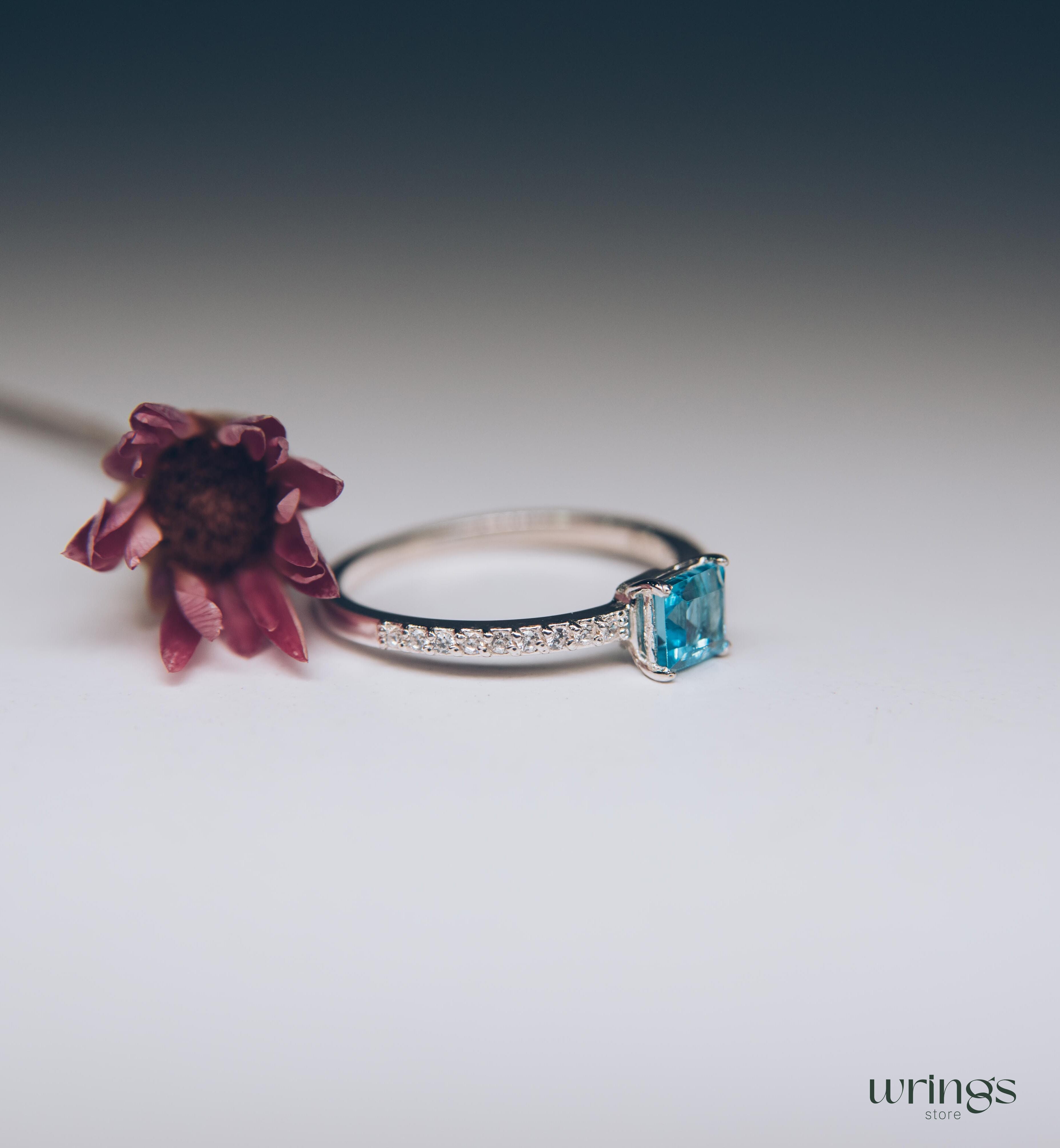 Square Blue Topaz Engagement Ring Silver & CZ Side Stones