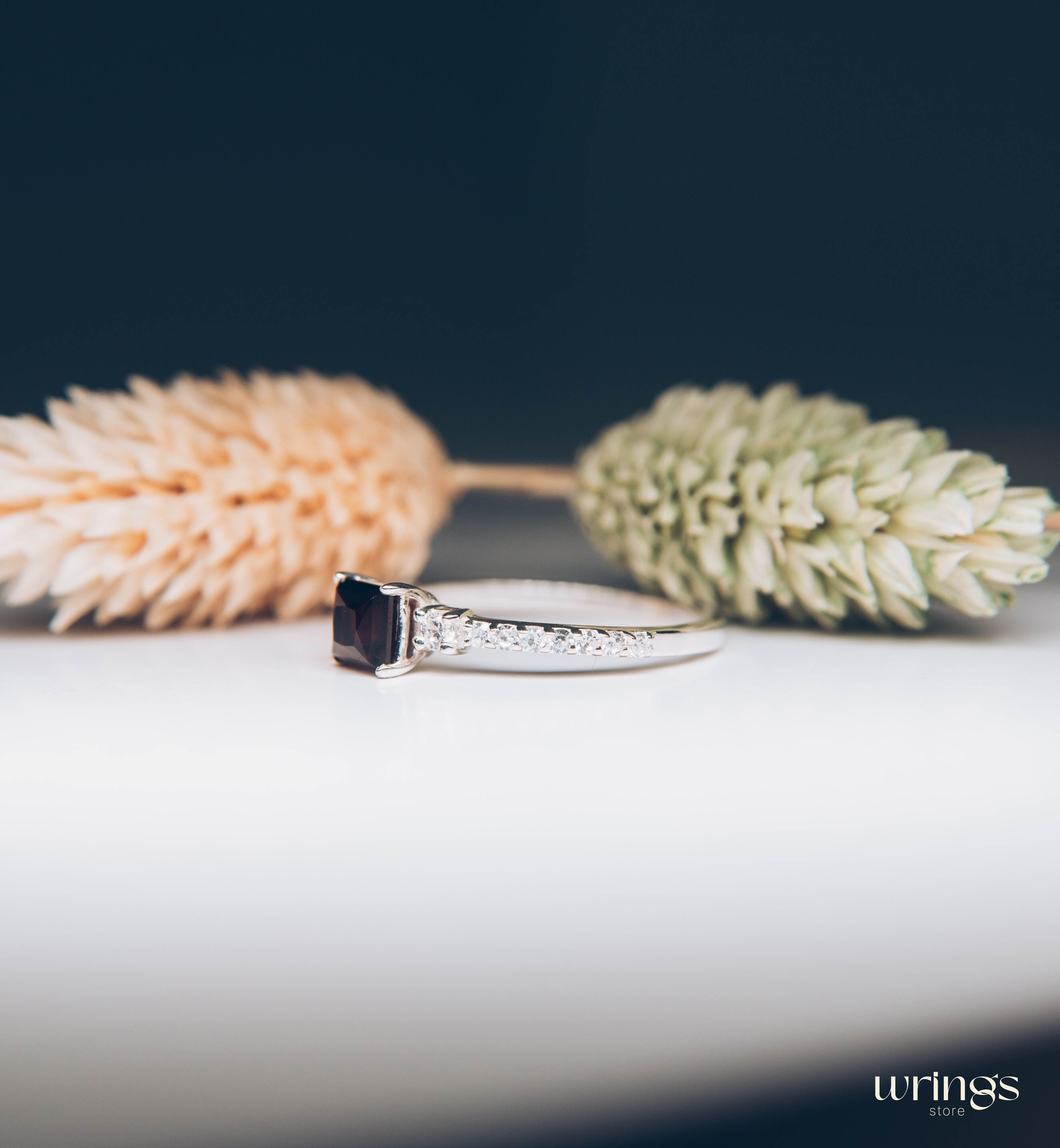 Square Cut Garnet Engagement Ring Silver with accents