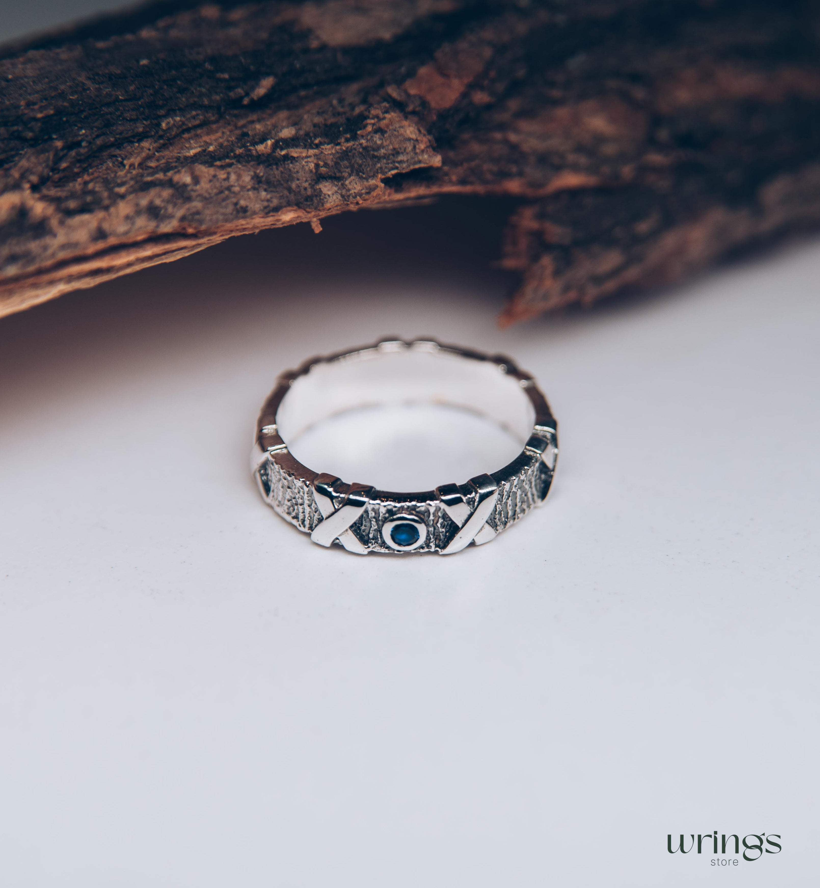 Nature Silver Band Ring with Cross & Natural Sapphire