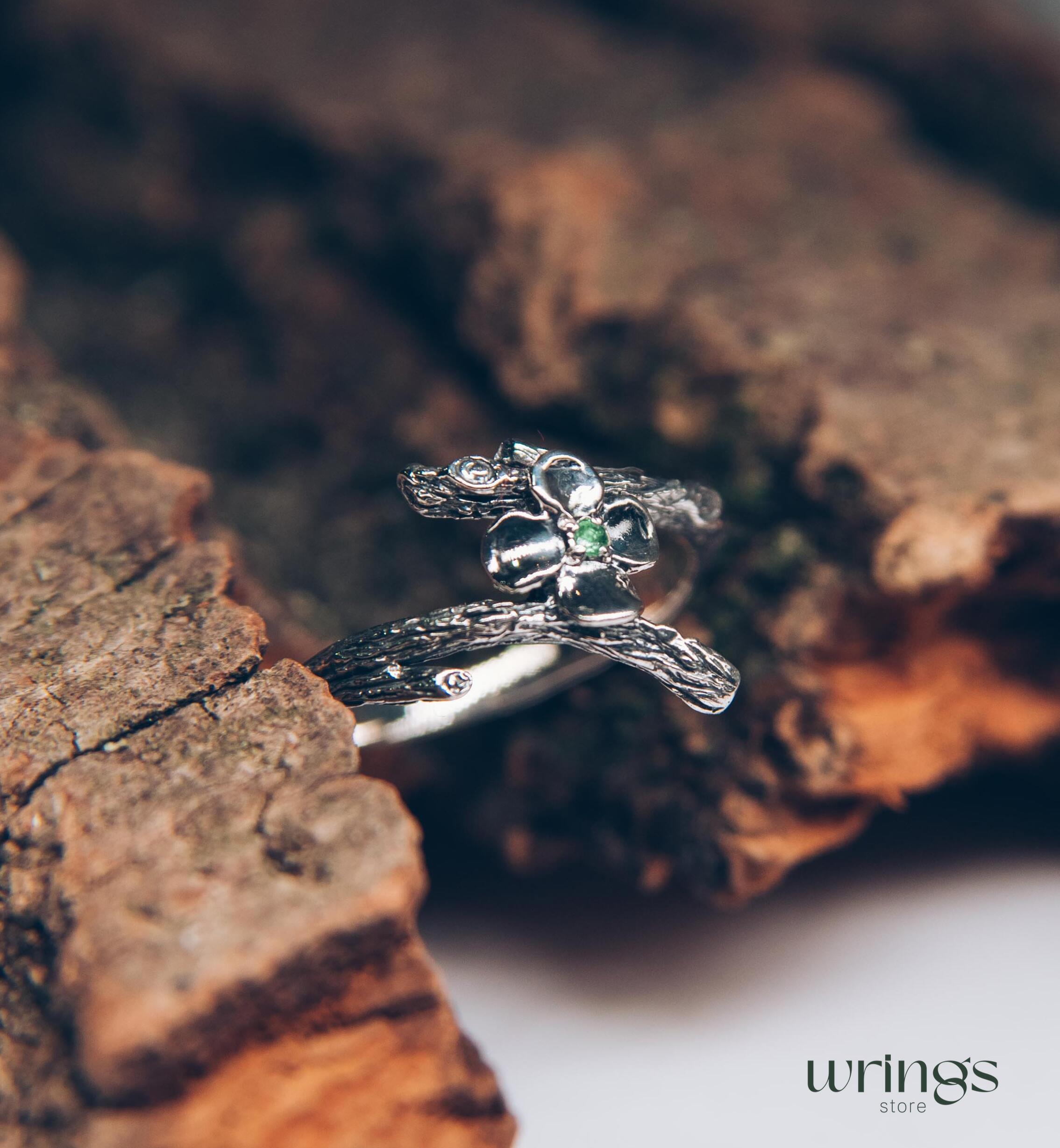 Dainty Quatrefoil flower Ring with Emerald and tiny Branch