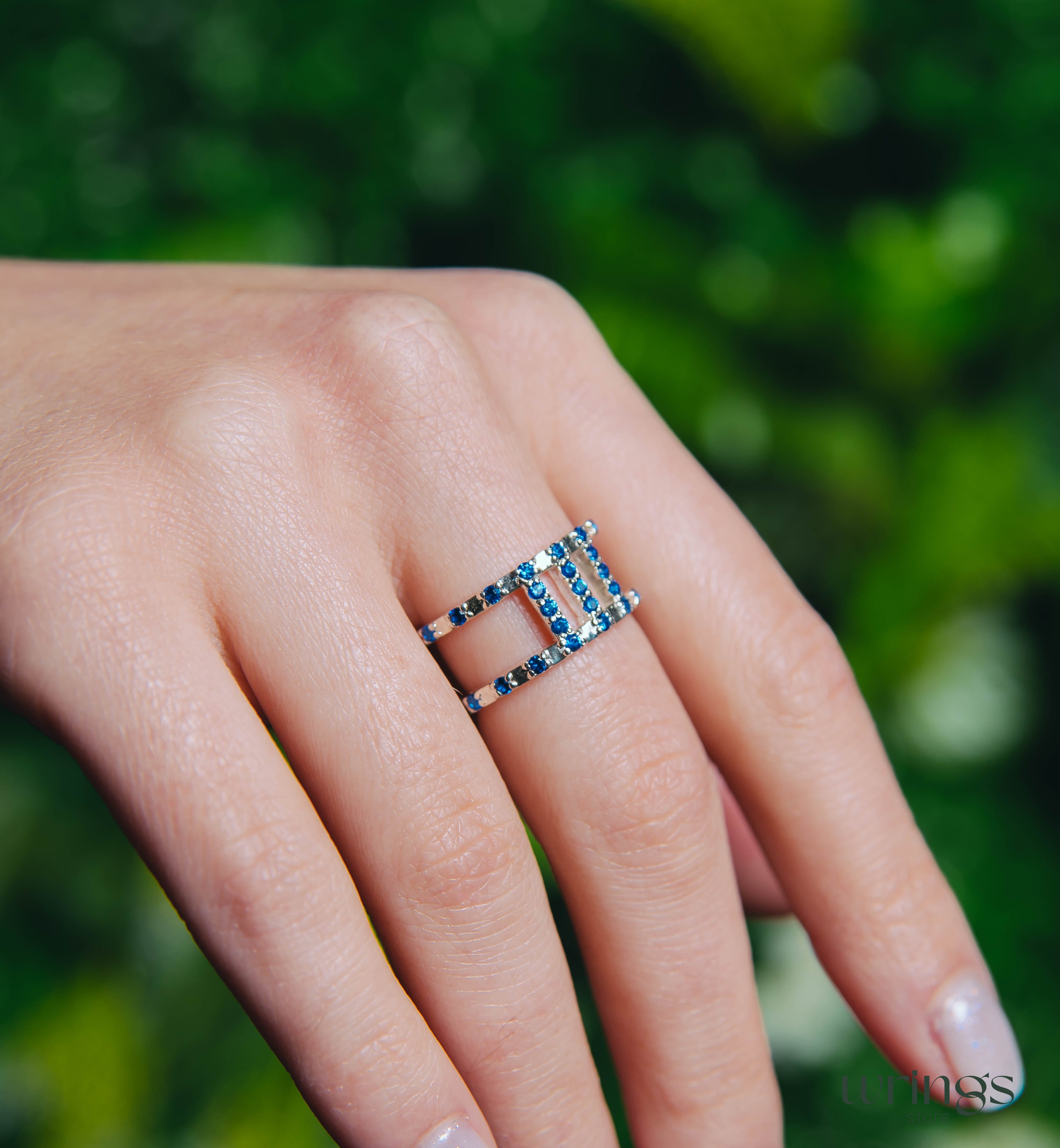 Double Band Wedding Ring Blue Sapphires Multi Stone