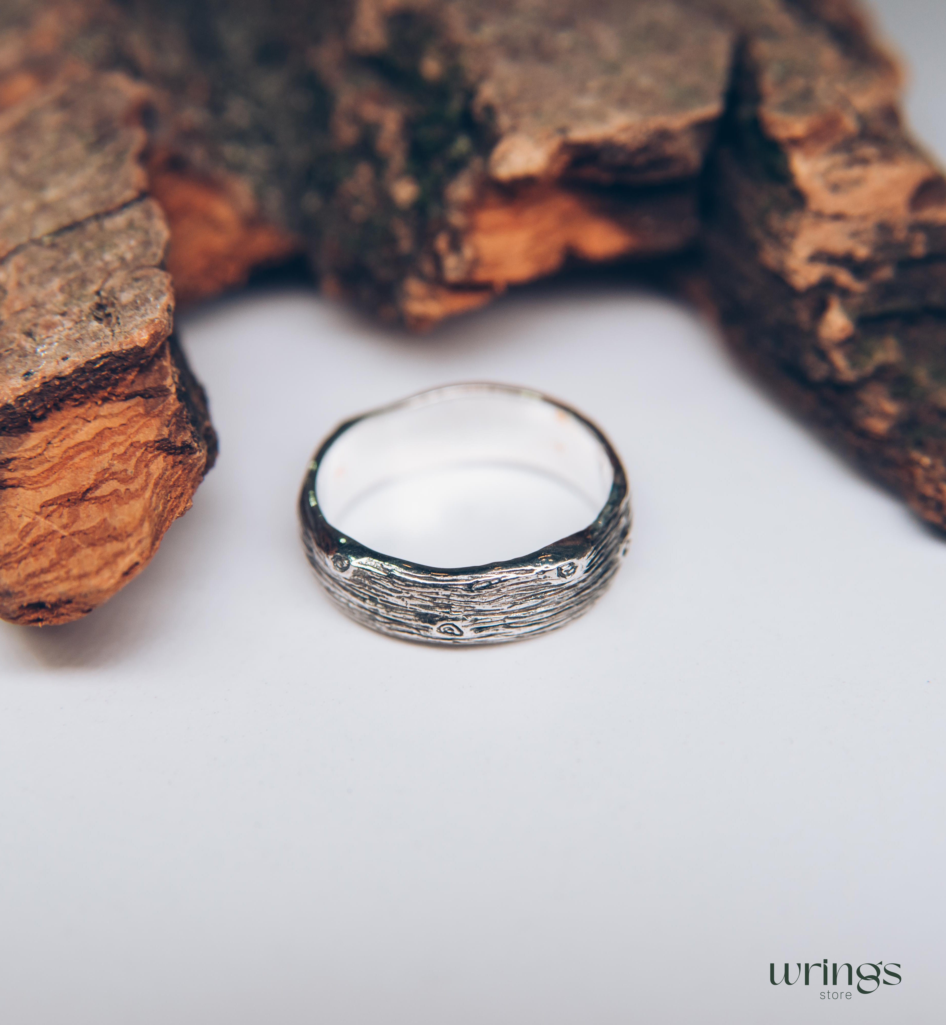 Unusual Tree bark and Stumps Silver Wedding Band Unisex