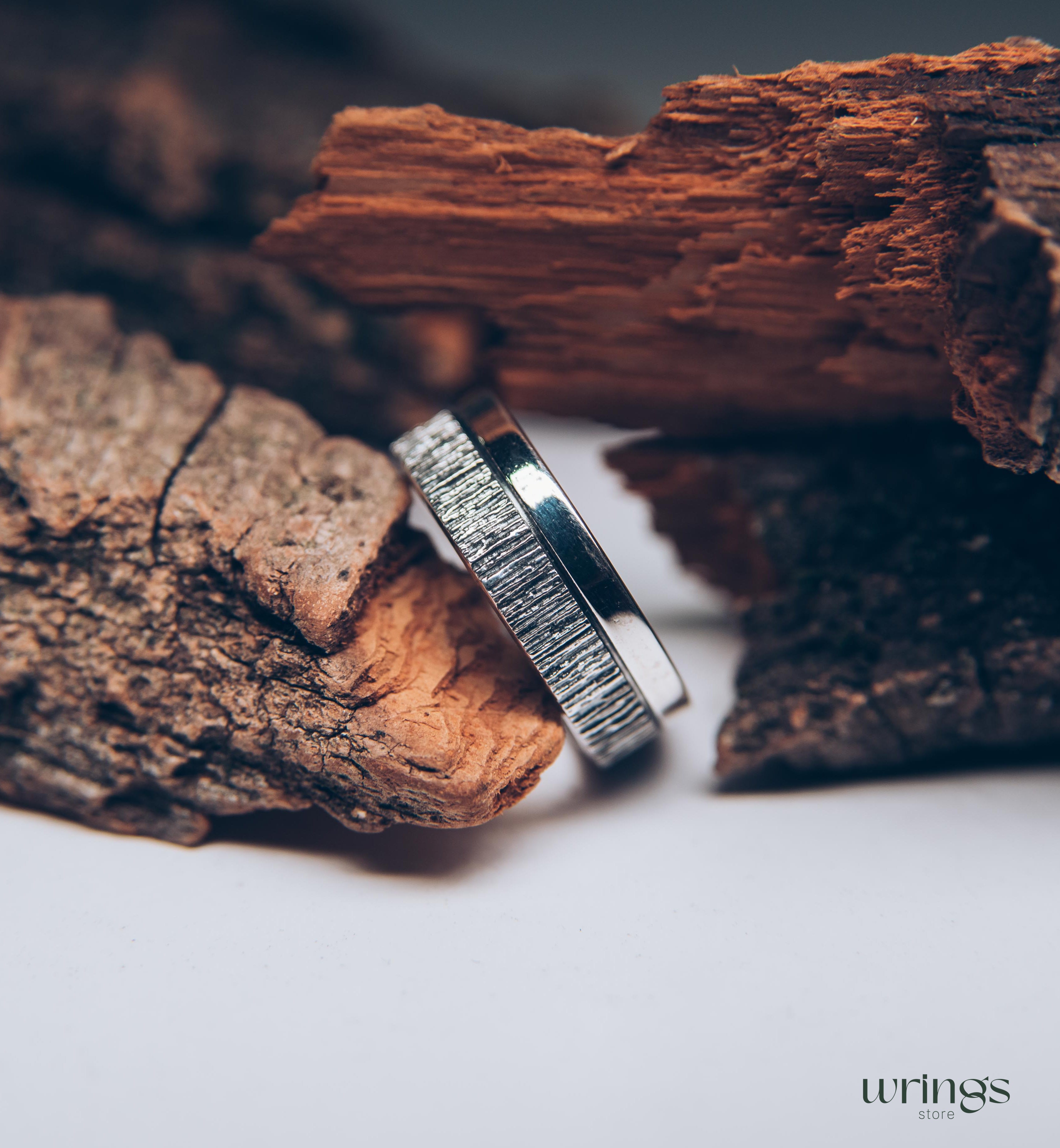 Double Textured Silver Tree Bark Wedding Band Rustic Style