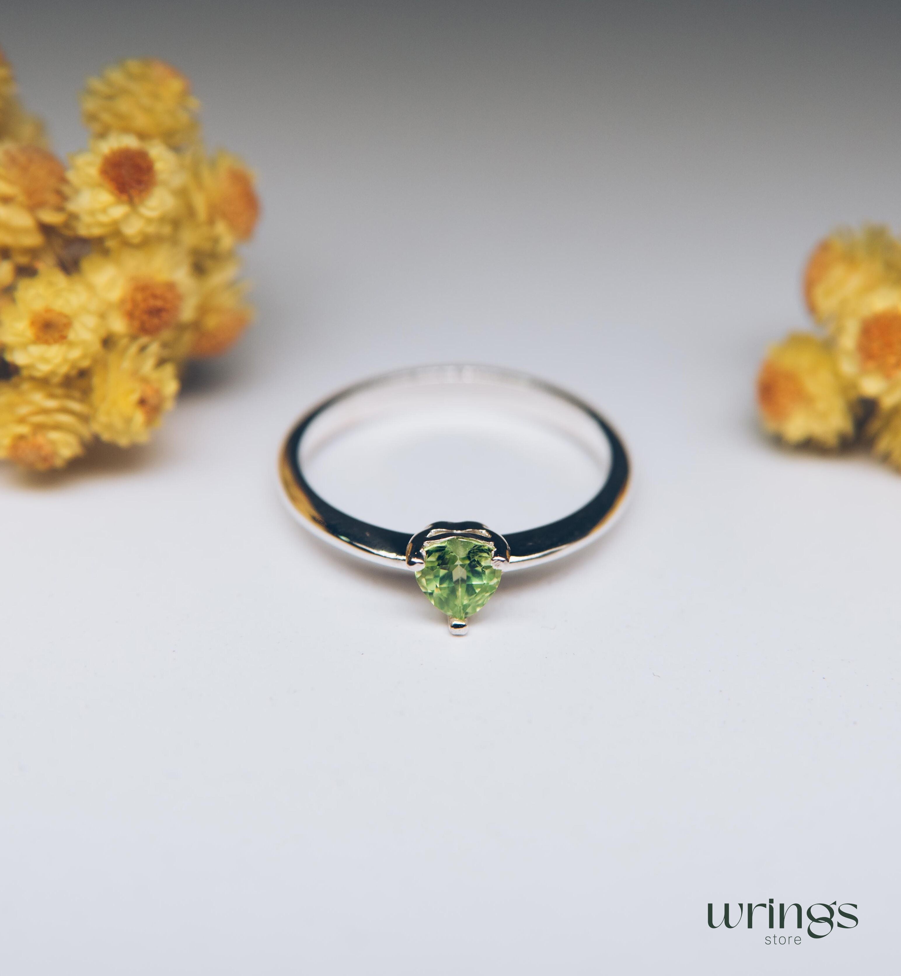 Geen Heart Cut Peridot Silver Solitaire Engagement Ring