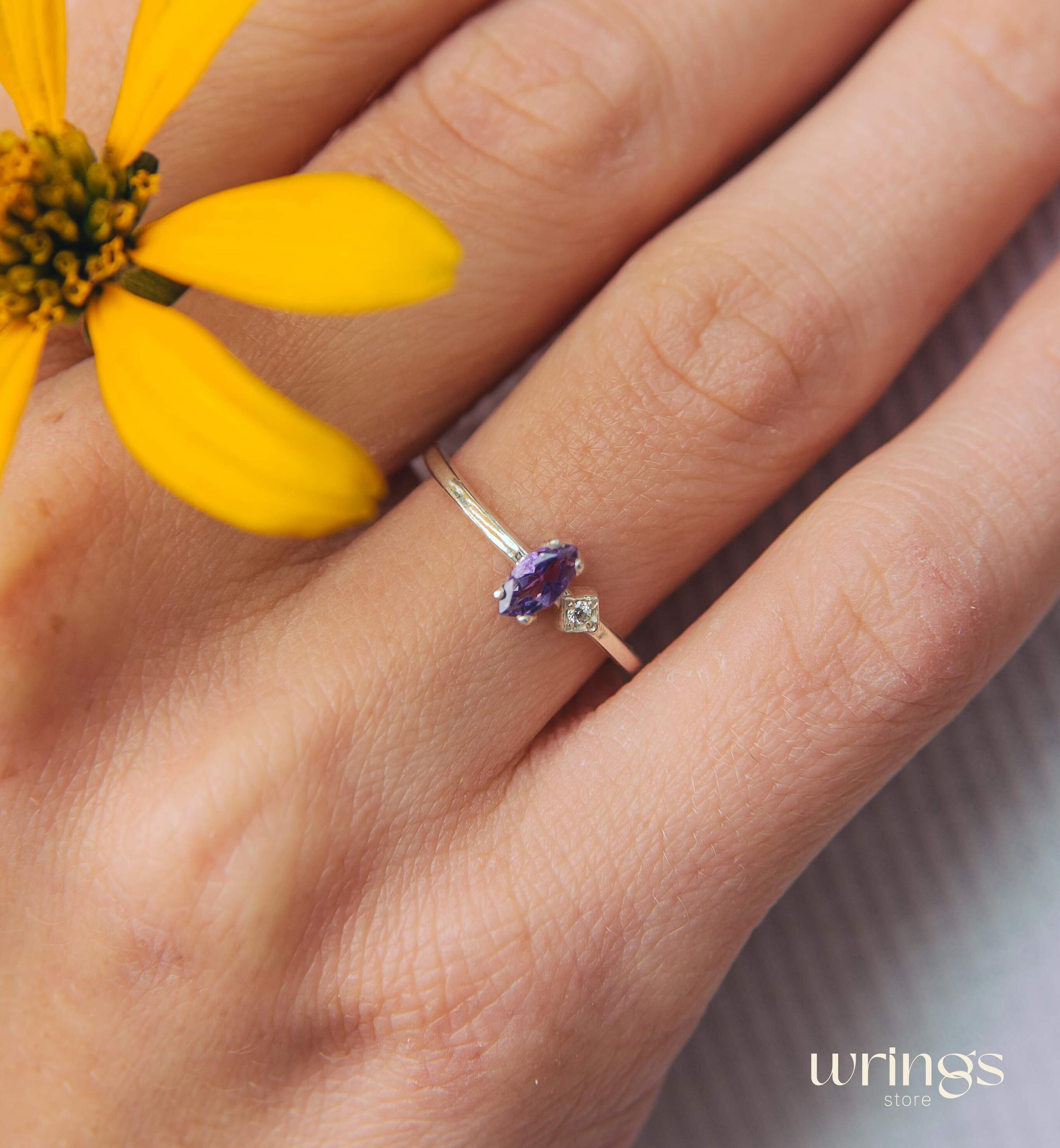 Marquise cut Amethyst Proposal Ring White Side Stone