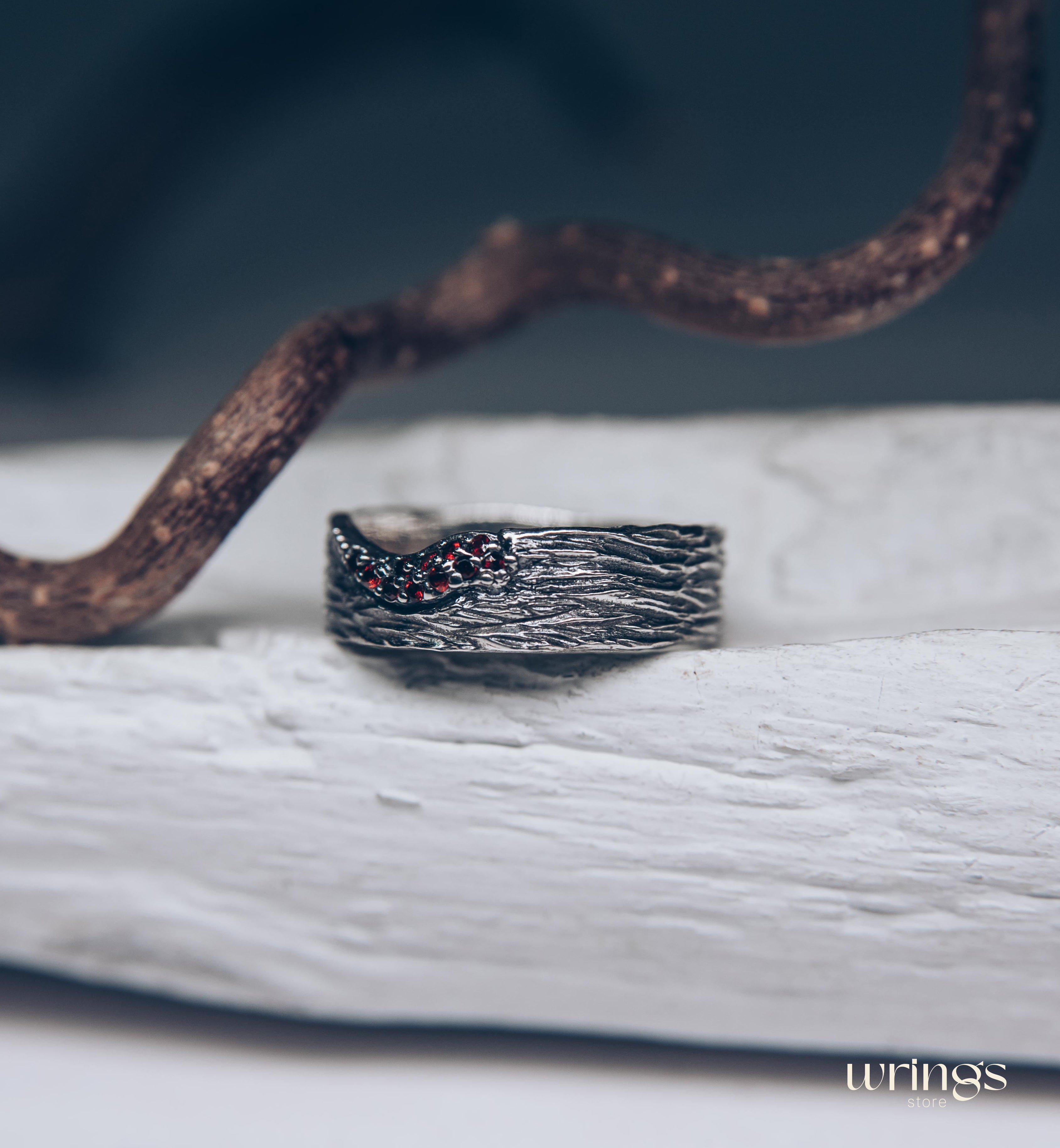 Silver Tree bark Curved Wide Wedding Band with Garnets