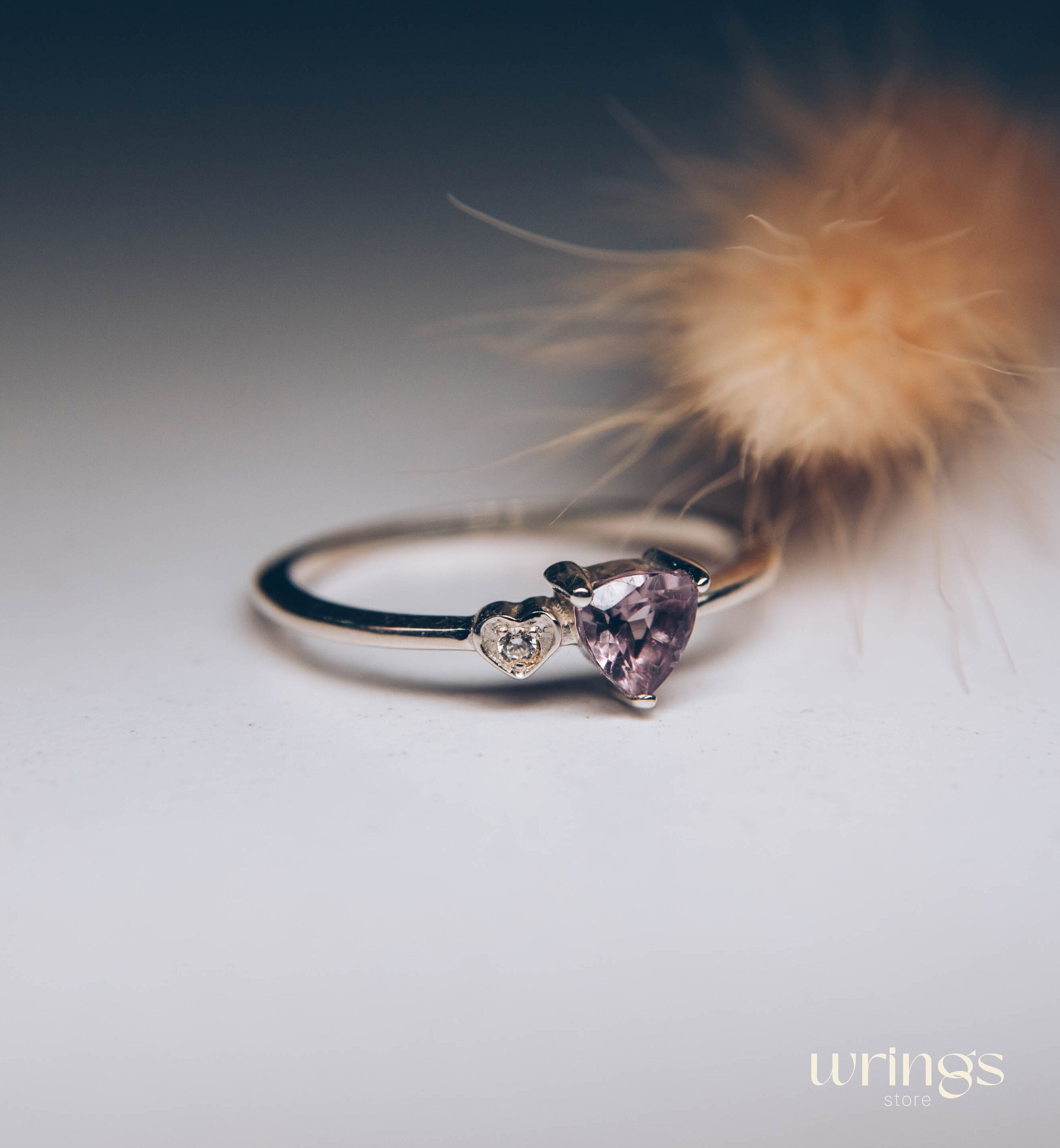 Trilliant Amethyst Silver Ring & White Stone in Side Heart