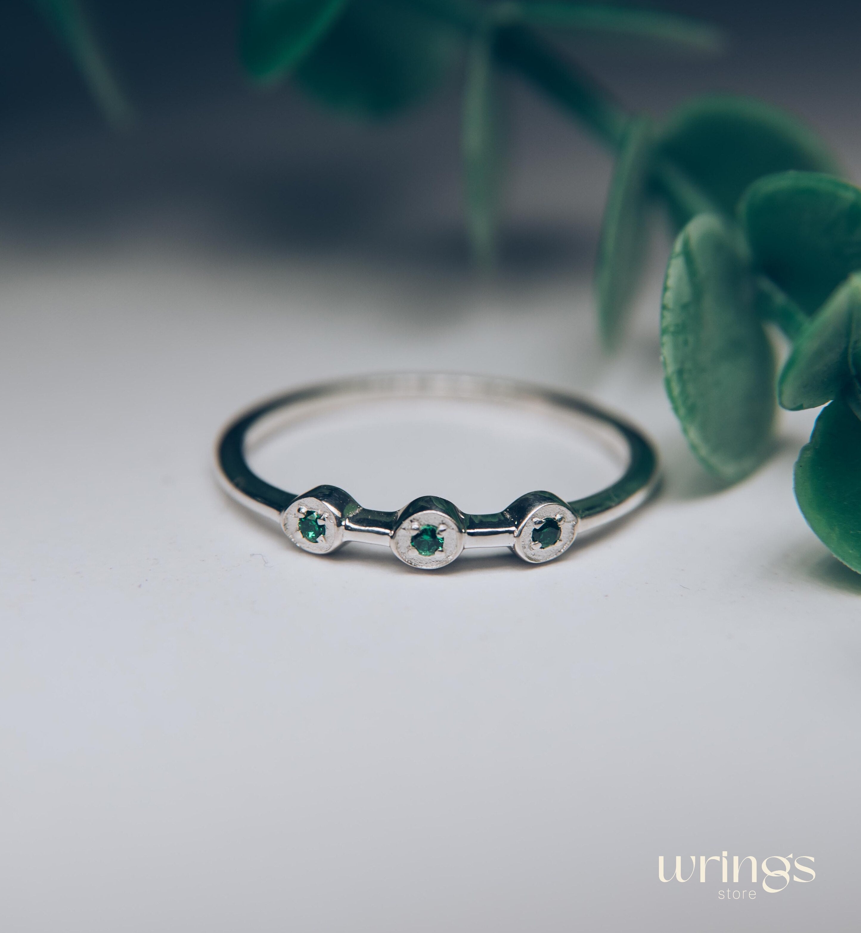 Dainty Emeralds in 3 Small Dots Silver Stackable Ring