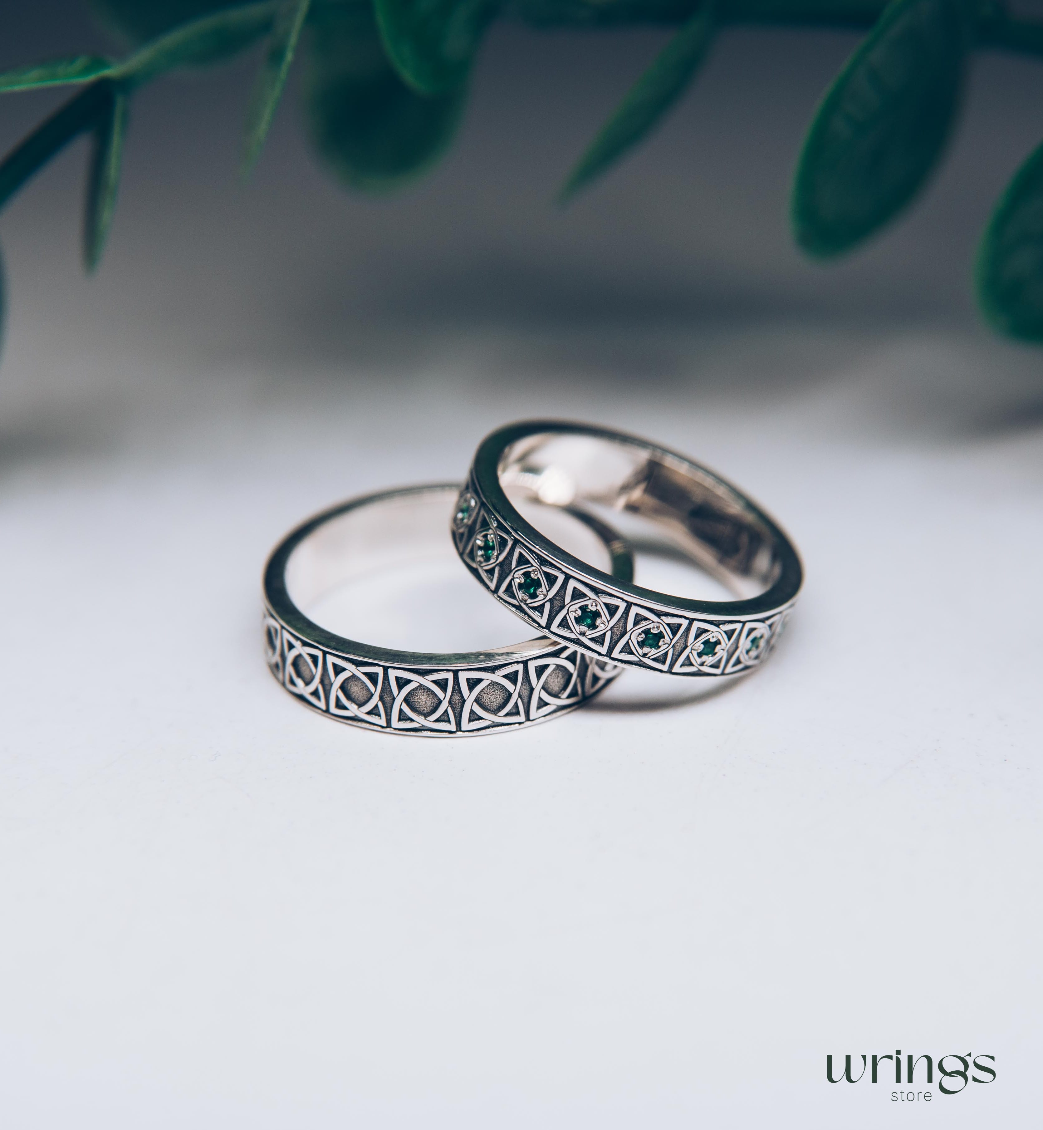 Matching Celtic Wedding Rings Emeralds & Irish Symbol