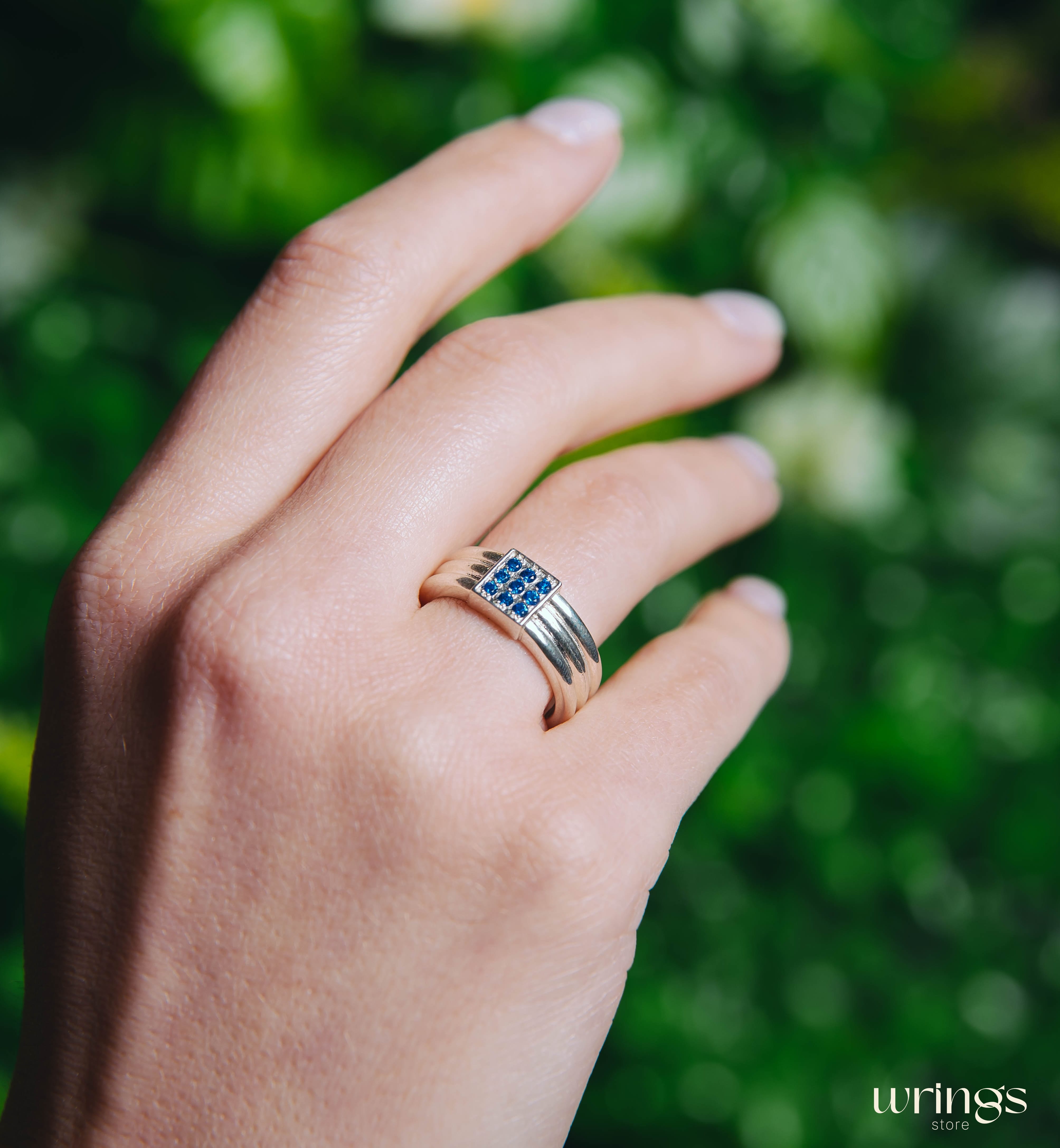 Thick Silver Wedding Band with Natural Blue Sapphires