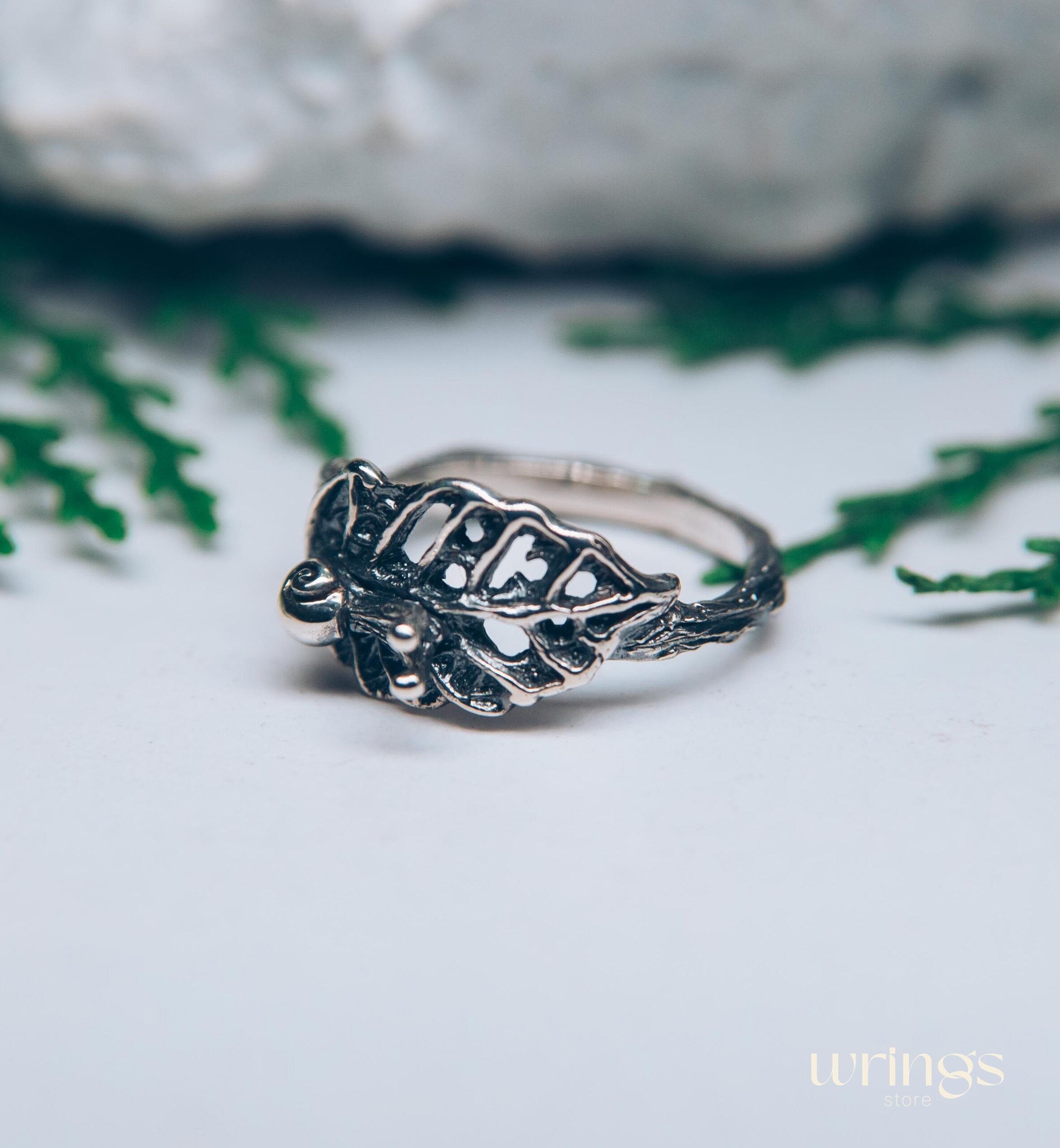 Nature dainty Snail on leaf Engagement Ring in Solid Silver