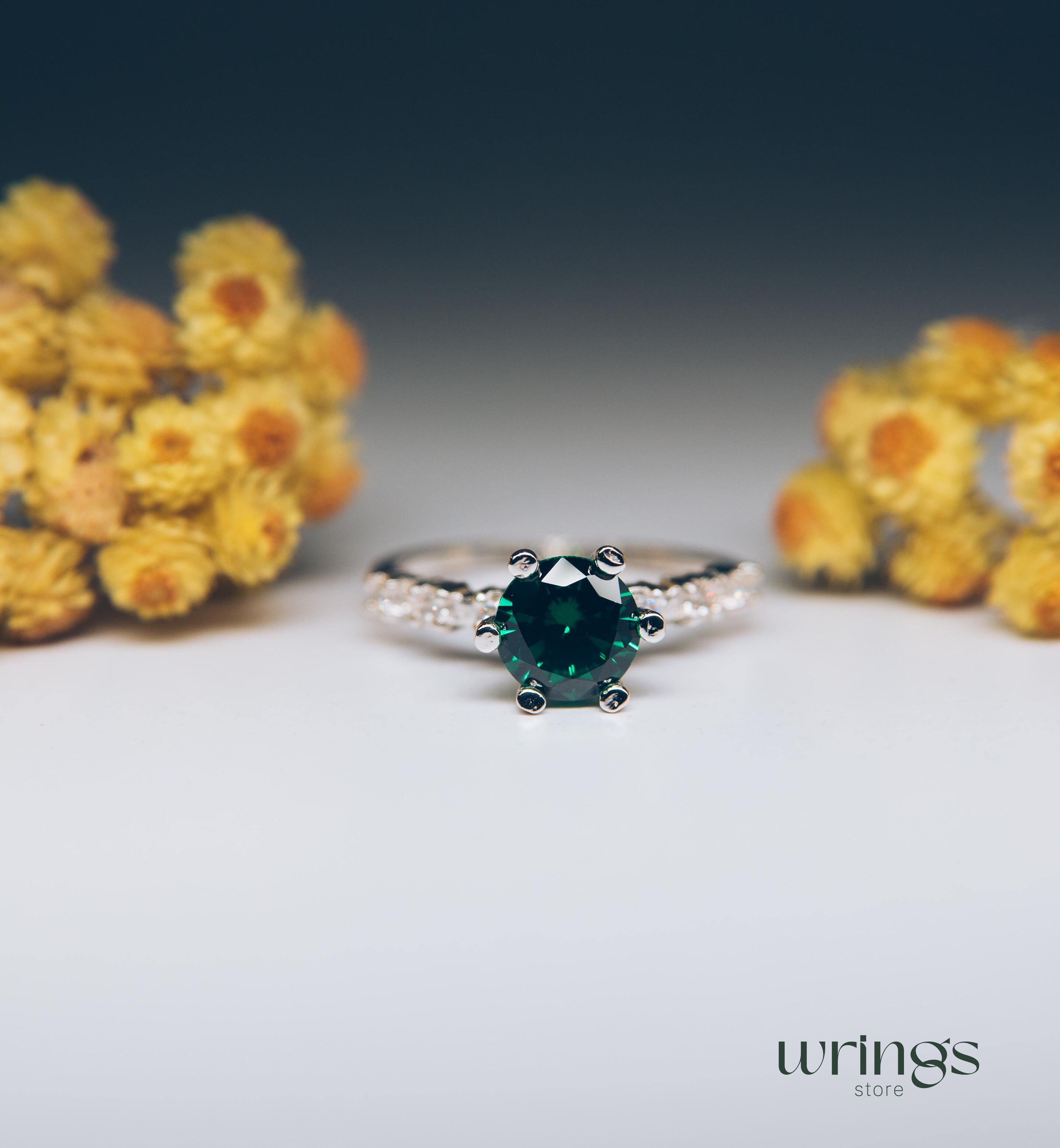 Large Green Stone & CZ Unique Silver Engagement Ring