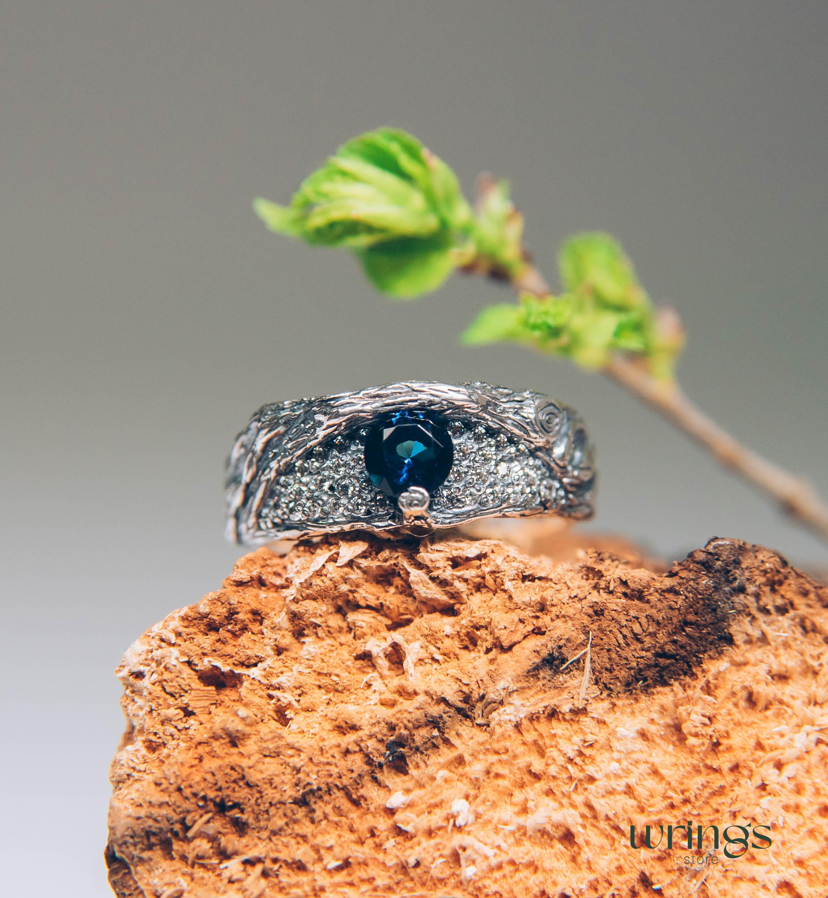 Chunky Silver Branch & Sapphire Ring adorned with CZ Accents