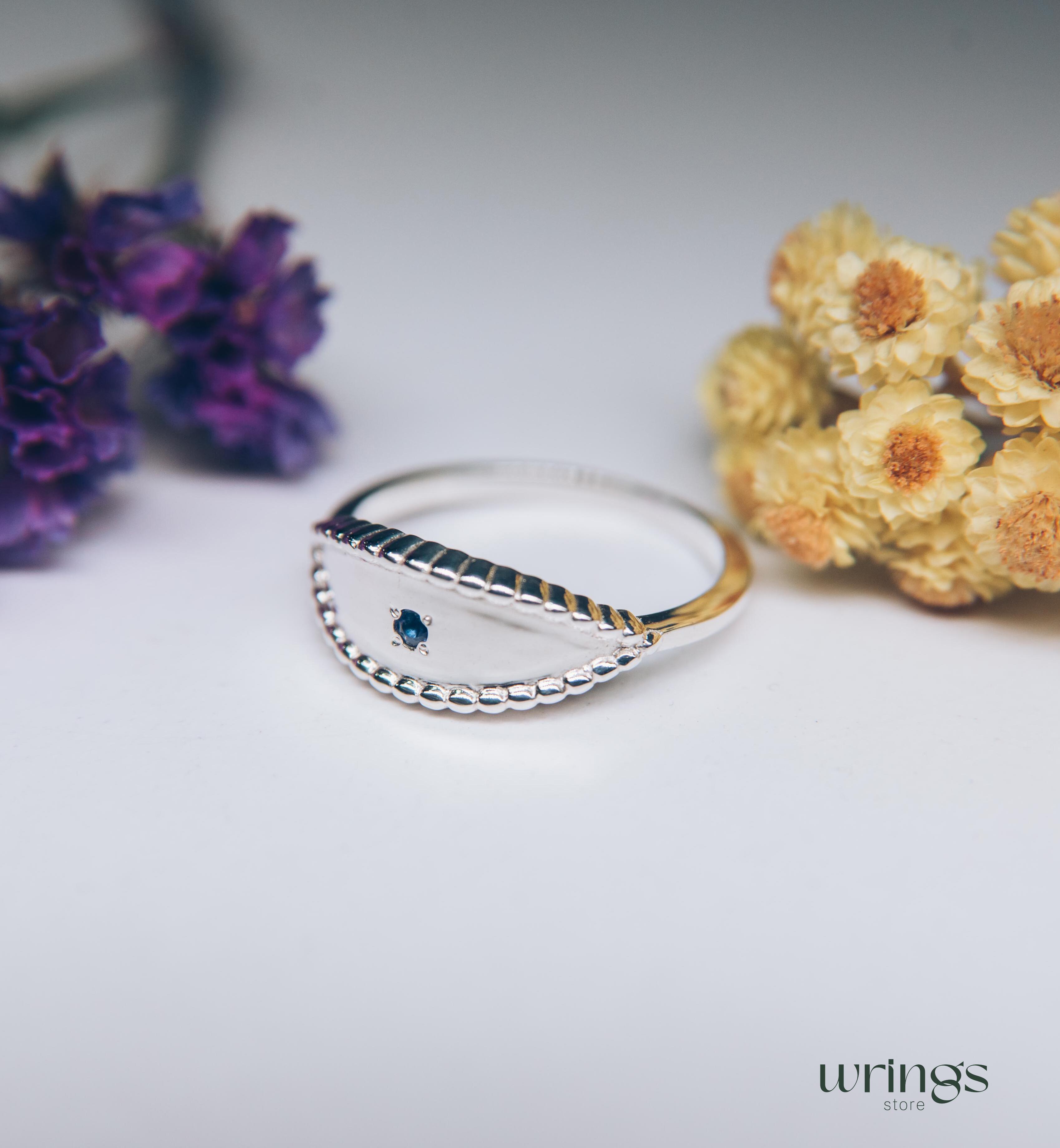 Silver Beaded Spoon Ring with Natural Blue Sapphire