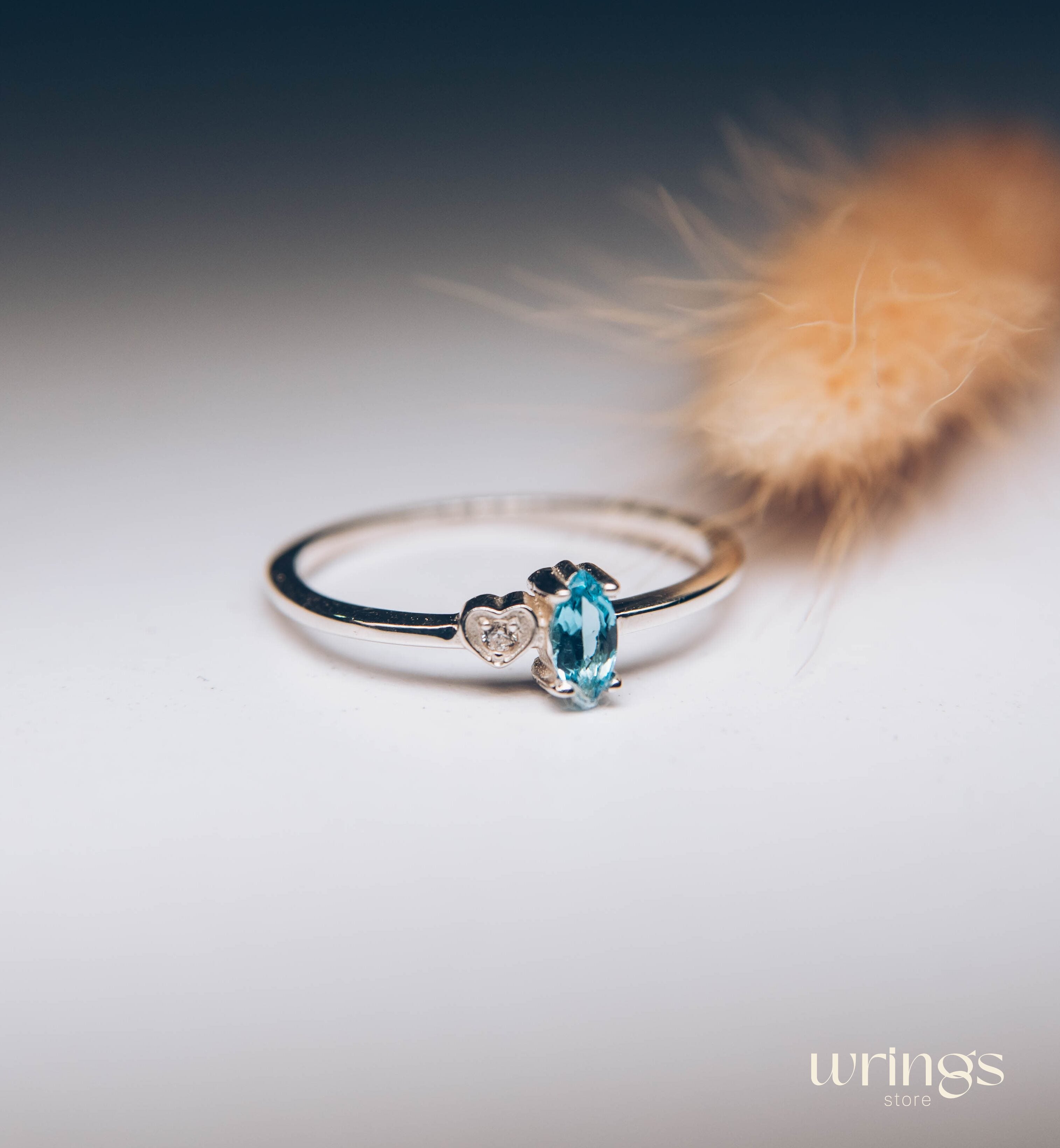 Marquise Blue Topaz Silver Ring & White Stone in Side Heart