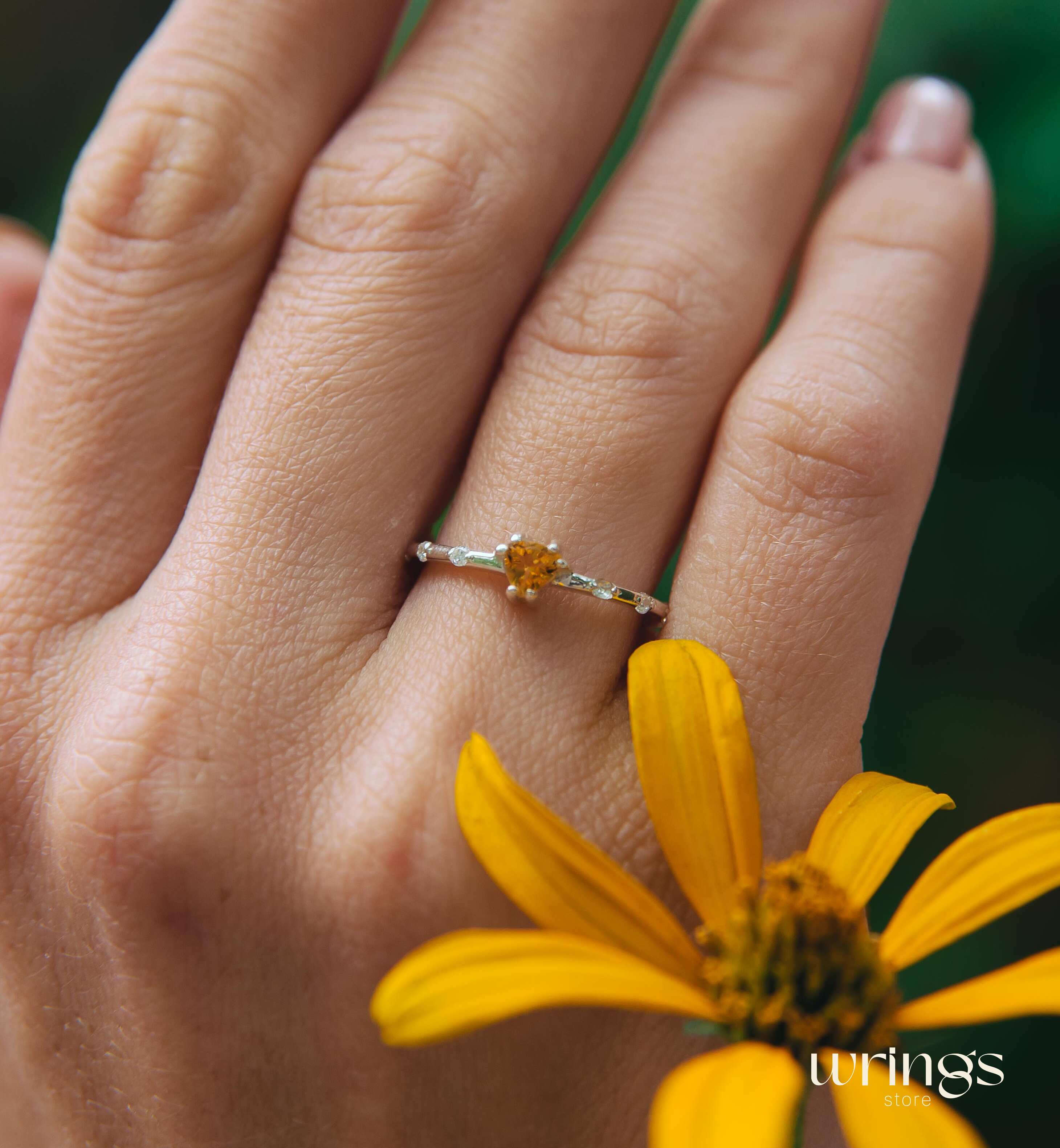 Central Trillion Citrine Side Stone Engagement Ring Silver