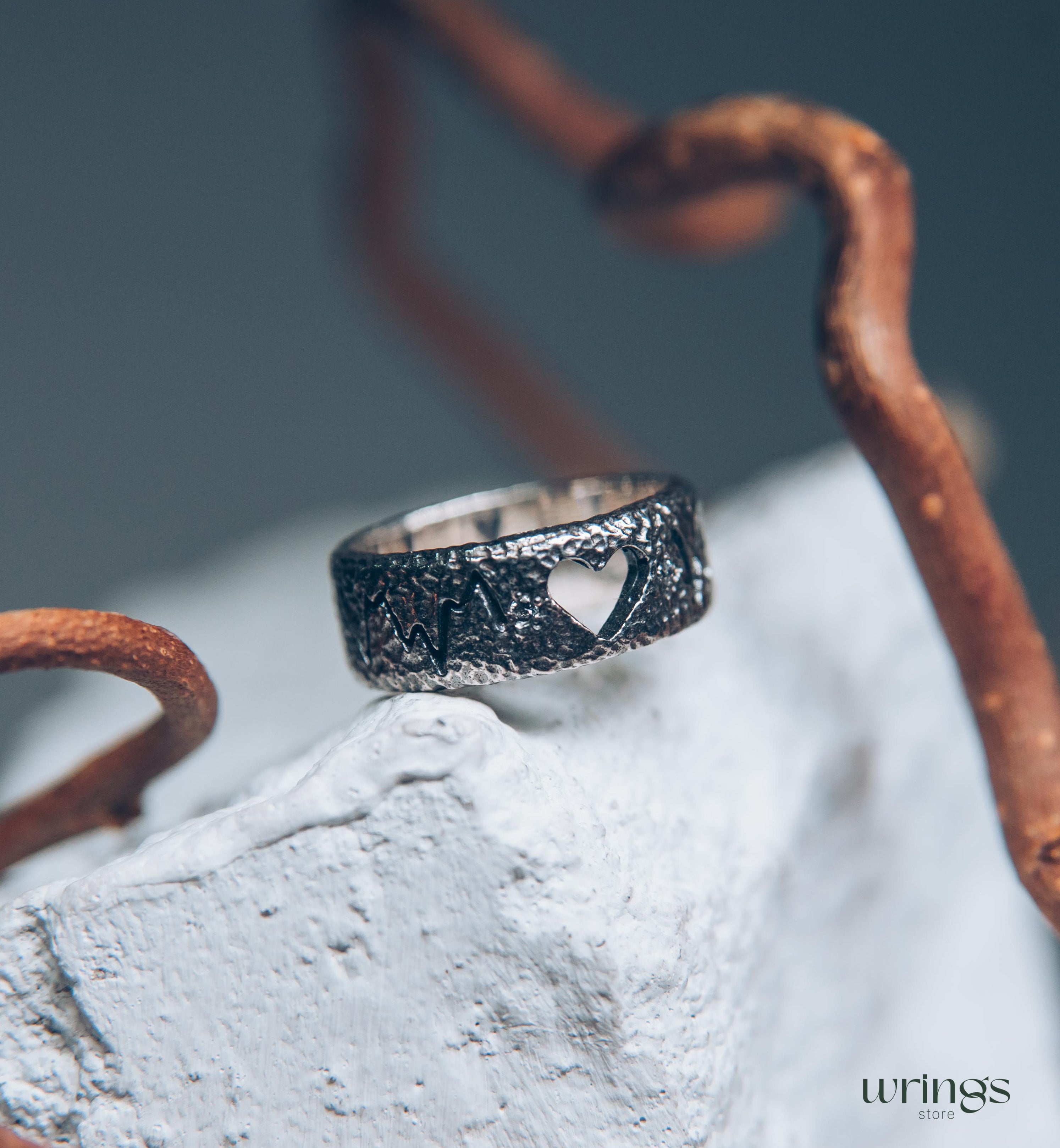 Open Heart Unique Silver Heartbeat Wedding Band