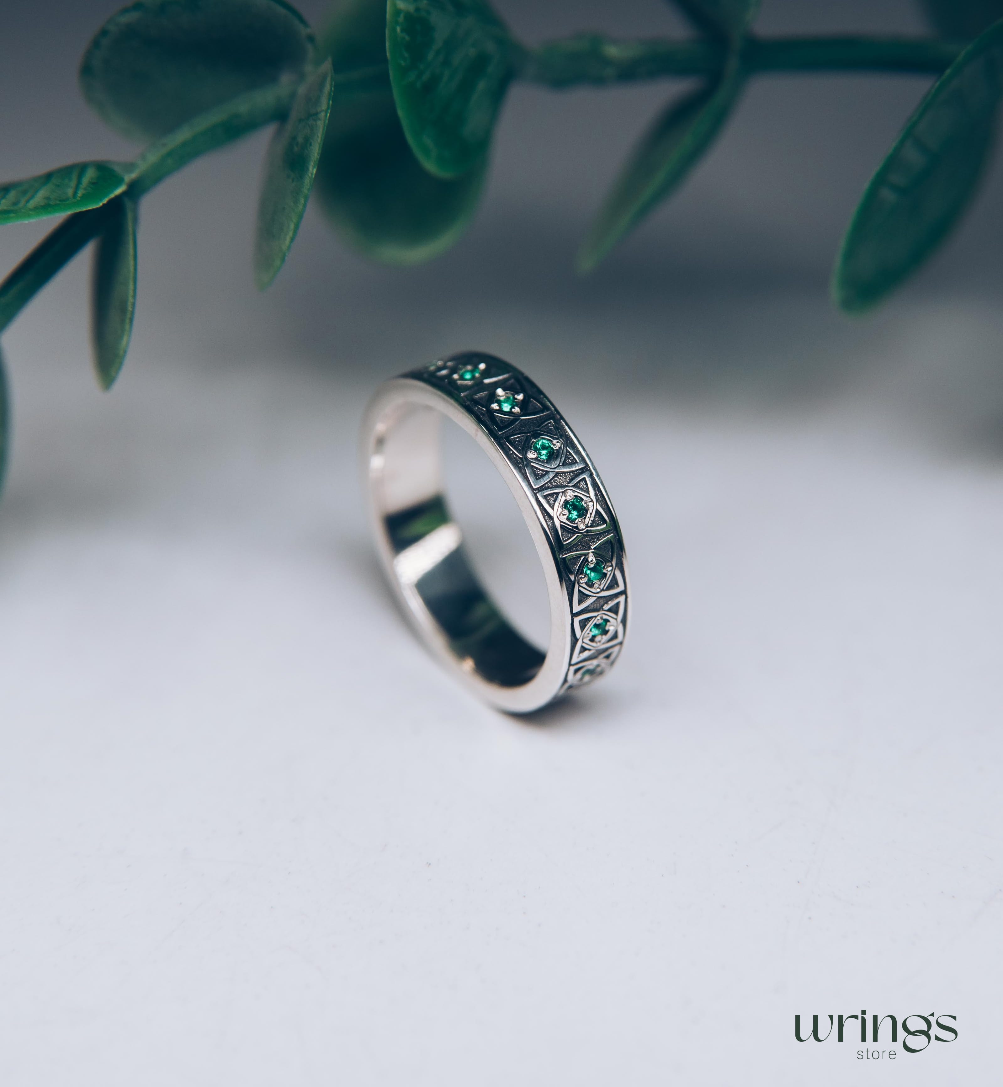 Womens Celtic Ring with Emeralds Multi Stone Silver