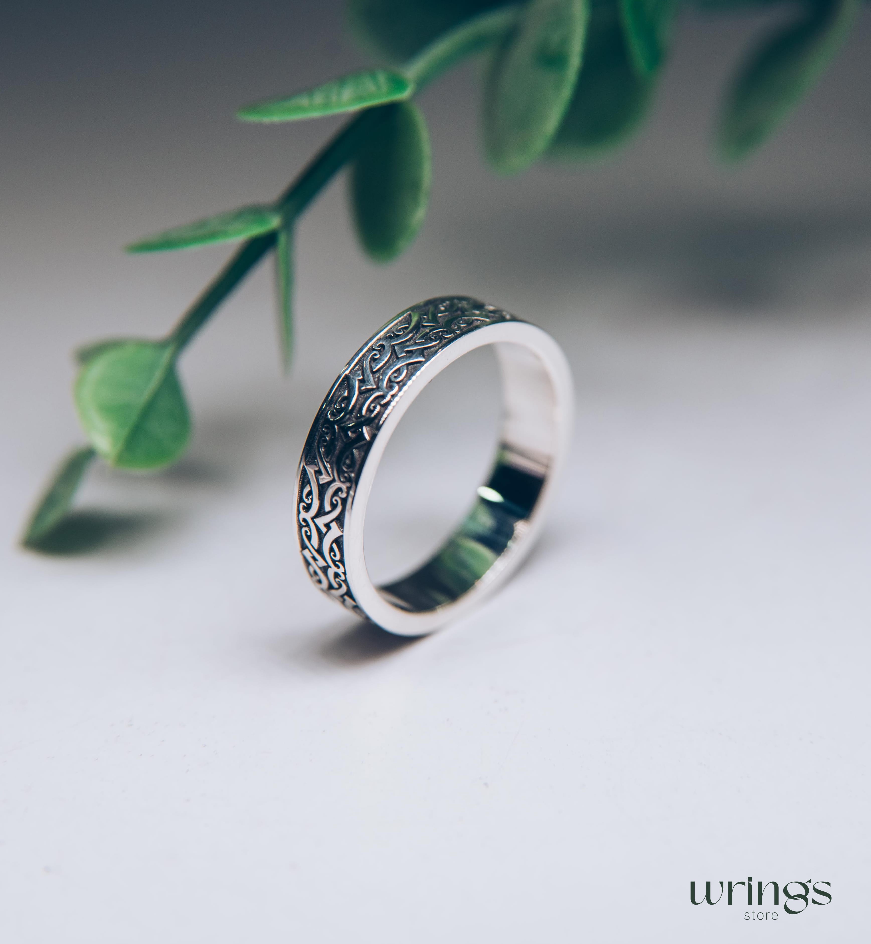 Engraved Viking Design Wedding Band Sterling Silver