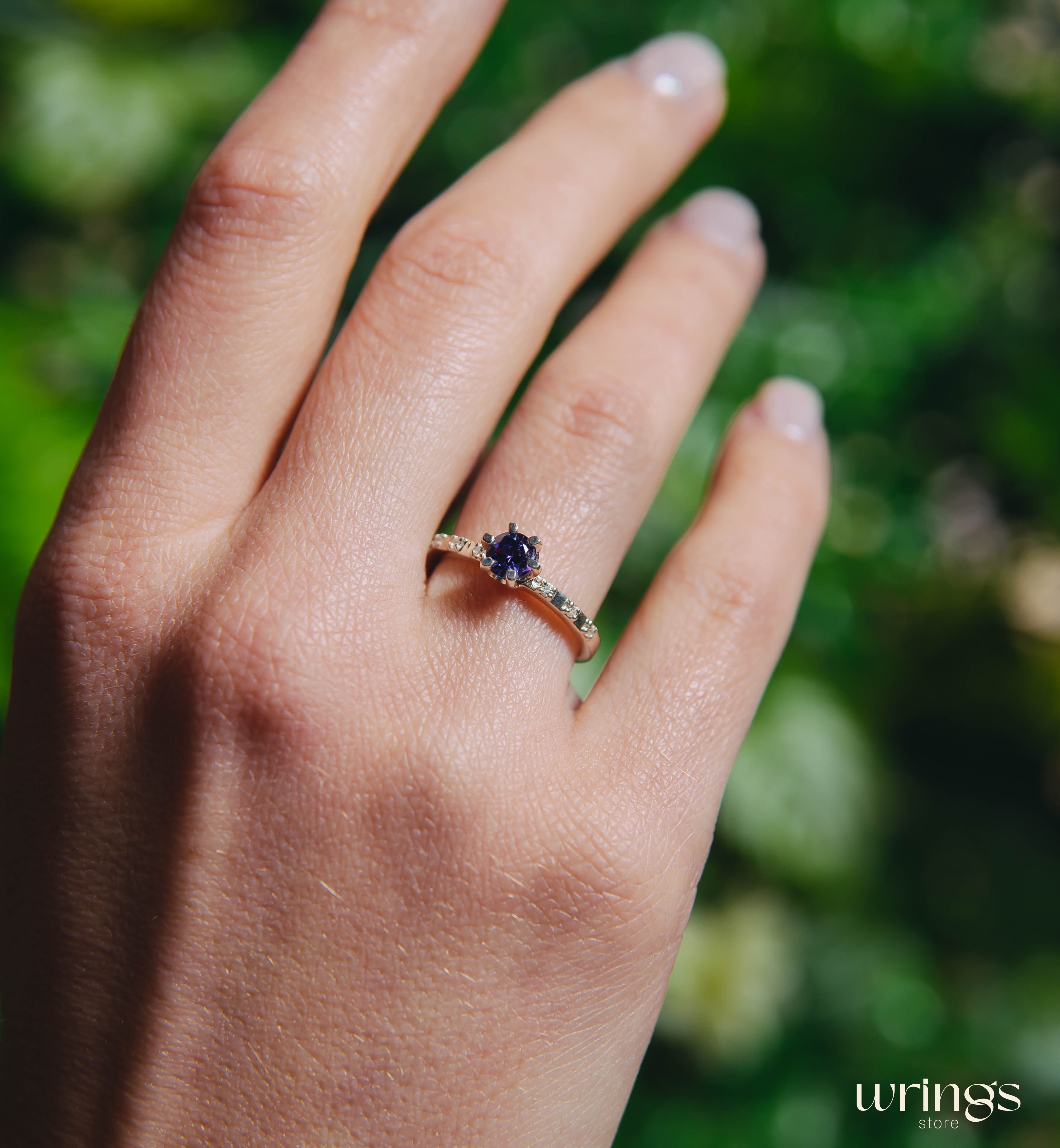 Prong Amethyst Engagement Ring Silver with Side Stones