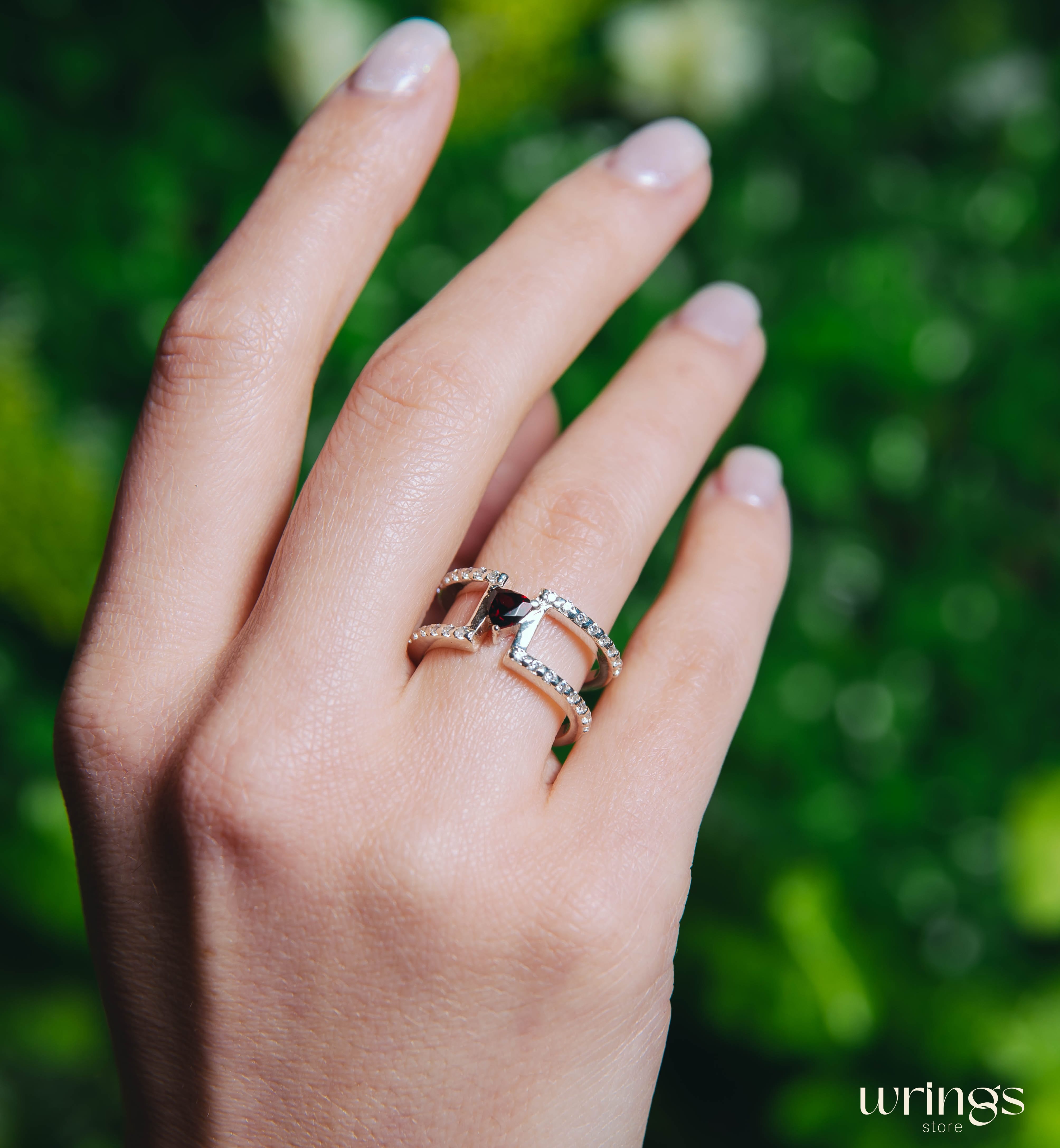 Trillion Garnet Unique Double Engagement Ring CZ Stones