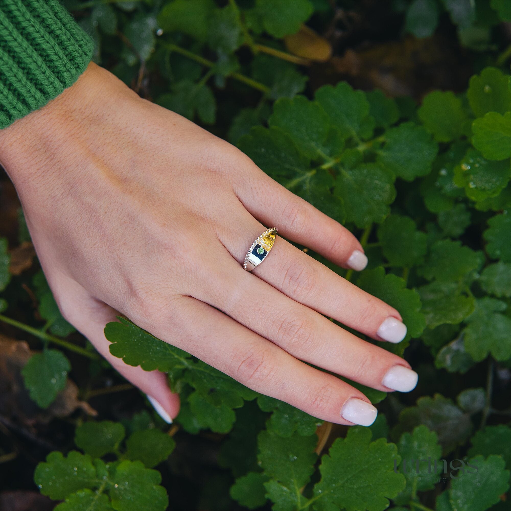 Beaded Silver & Emerald Evil Eye Ring Boho Style