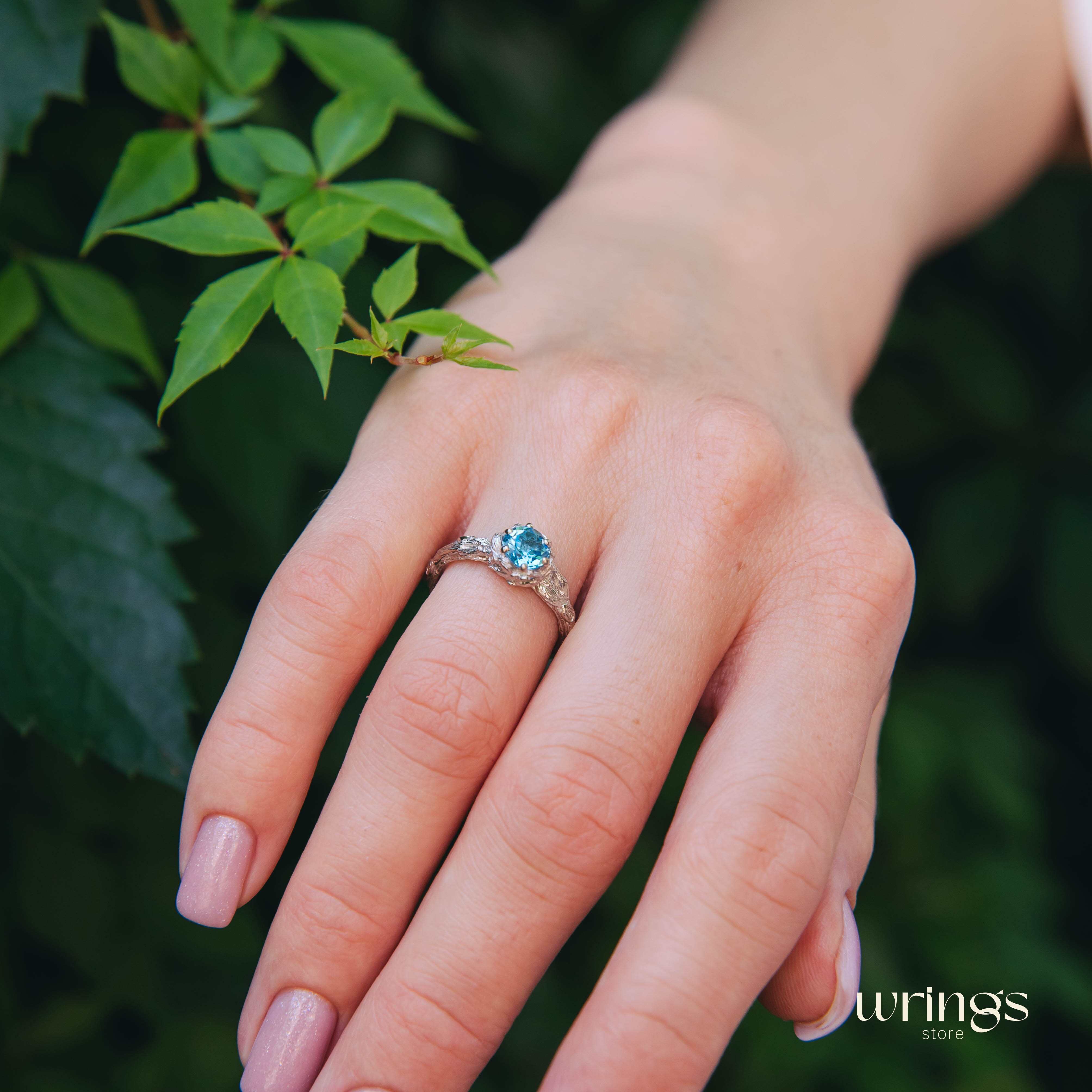 Blue Topaz & Shiny Silver Twig Fantasy Engagement Ring