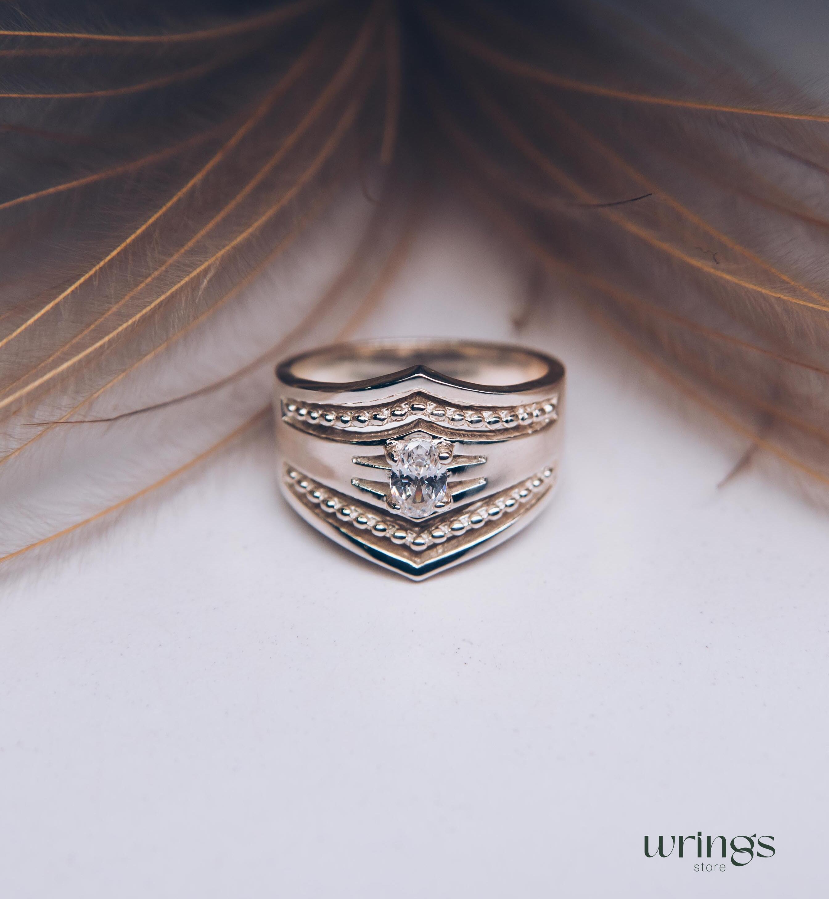 Extra Wide Beaded Chevron Cocktail Ring White Stone