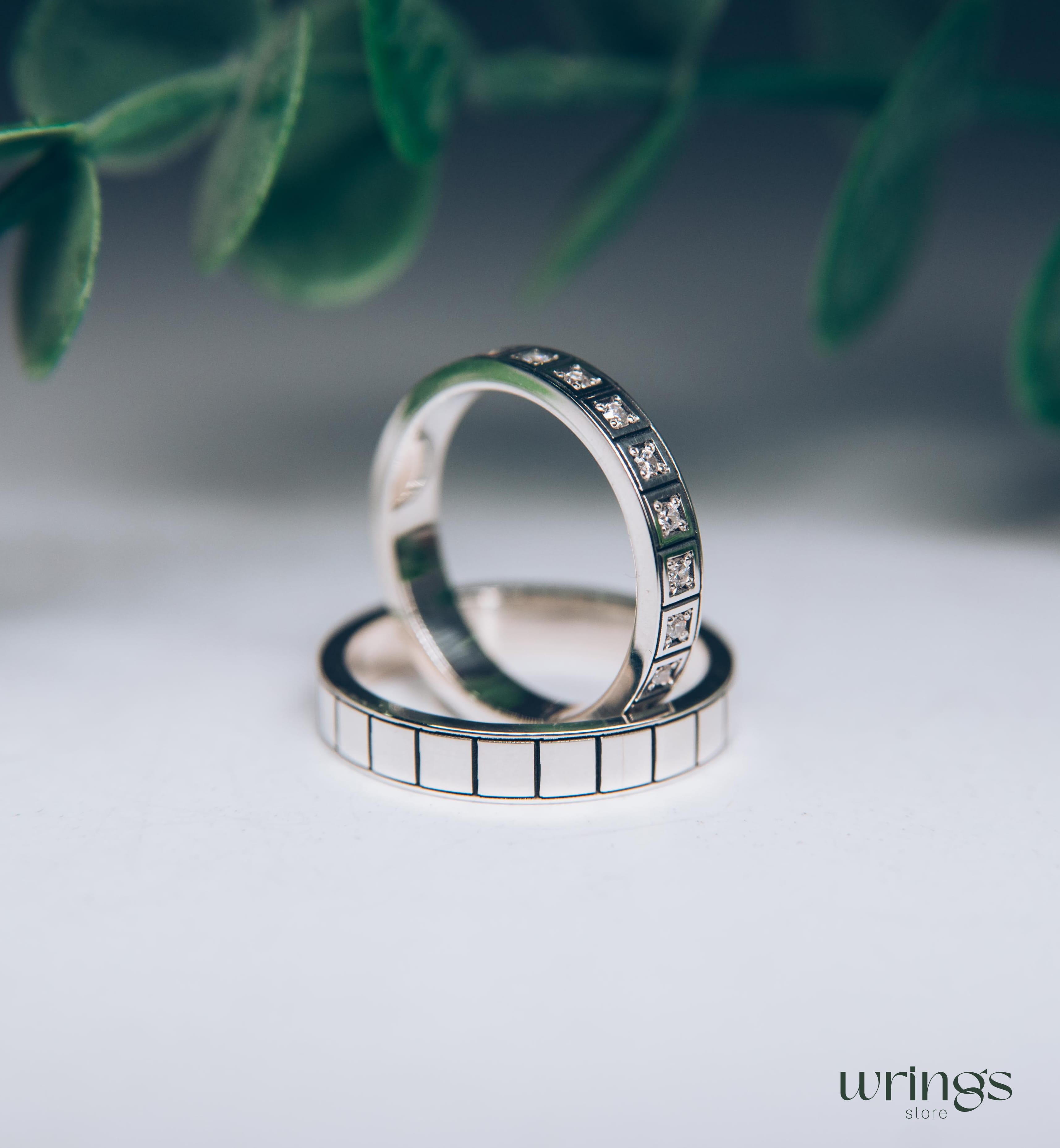 Silver Geometric Wedding Bands Set Eternity Gemstones