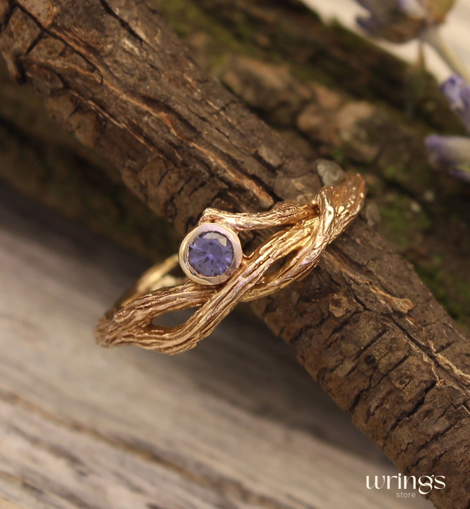 Gold Whimsical Branch Amethyst Nature Engagement Ring