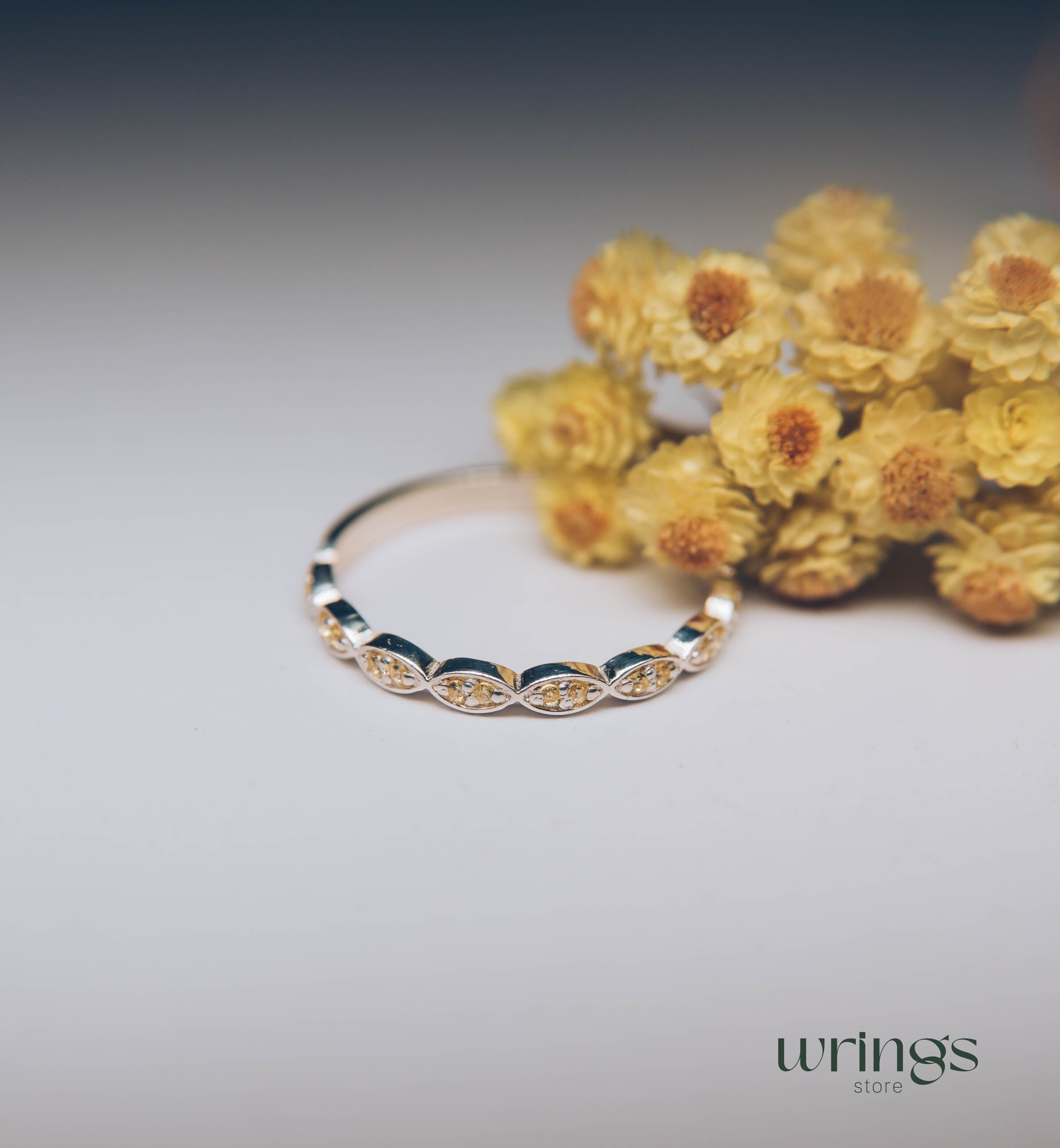 Silver Beaded Band Multiple Yellow Citrine Promise Ring