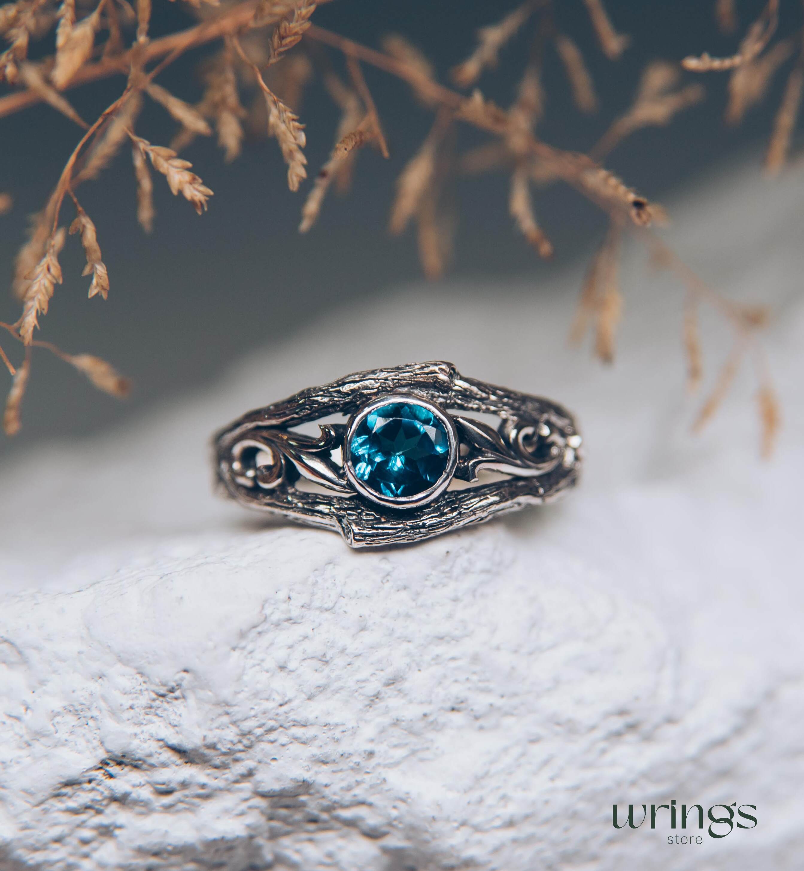 Bezel London blue Topaz with Vine and Branch Engagement Ring