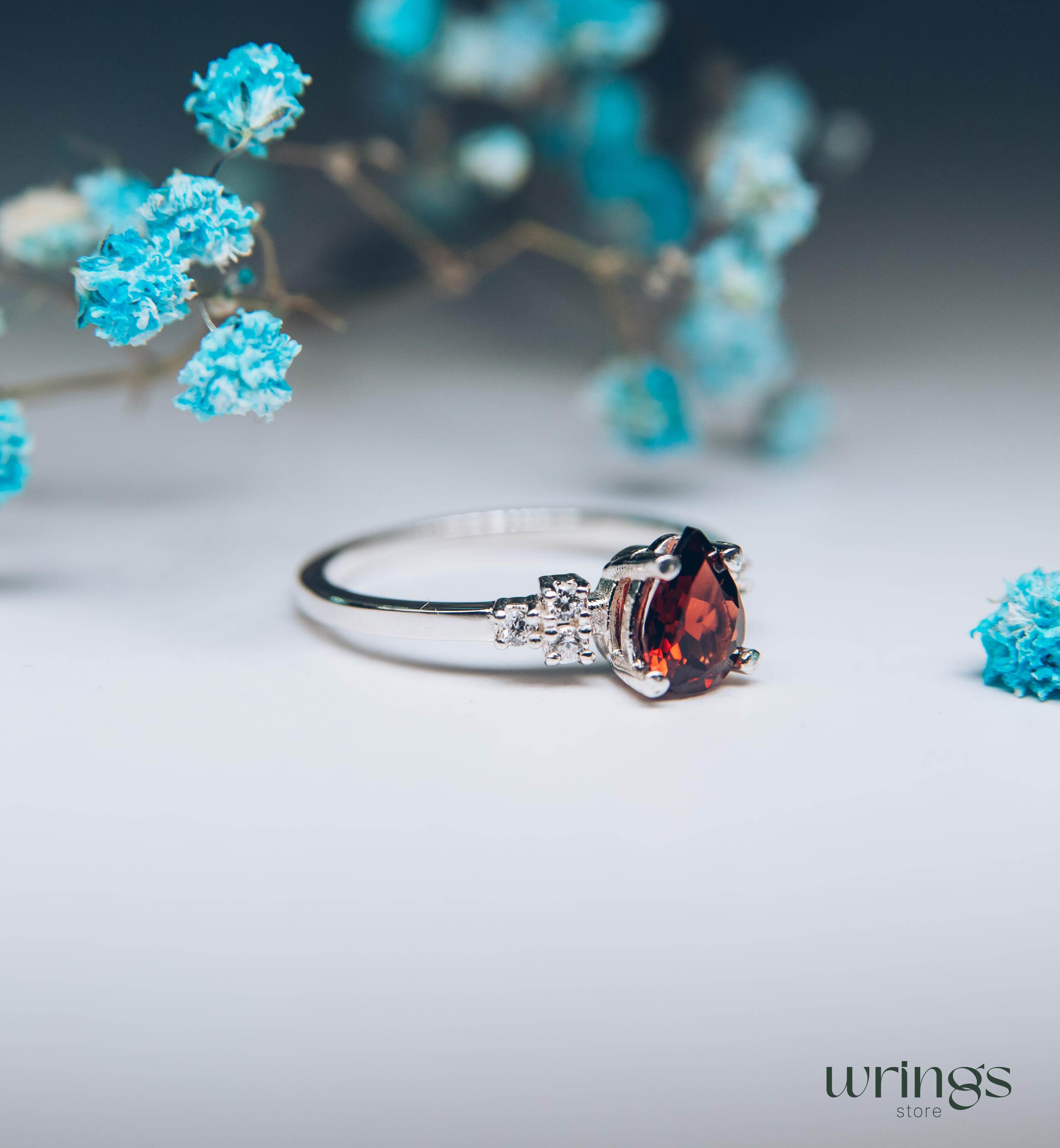 Large Red Pear cut Garnet Cluster Cocktail Ring Silver